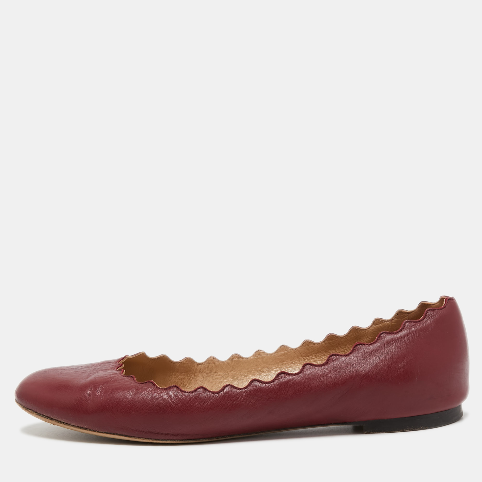 Pre-owned Chloé Burgundy Leather Scalloped Ballet Flats Size 39