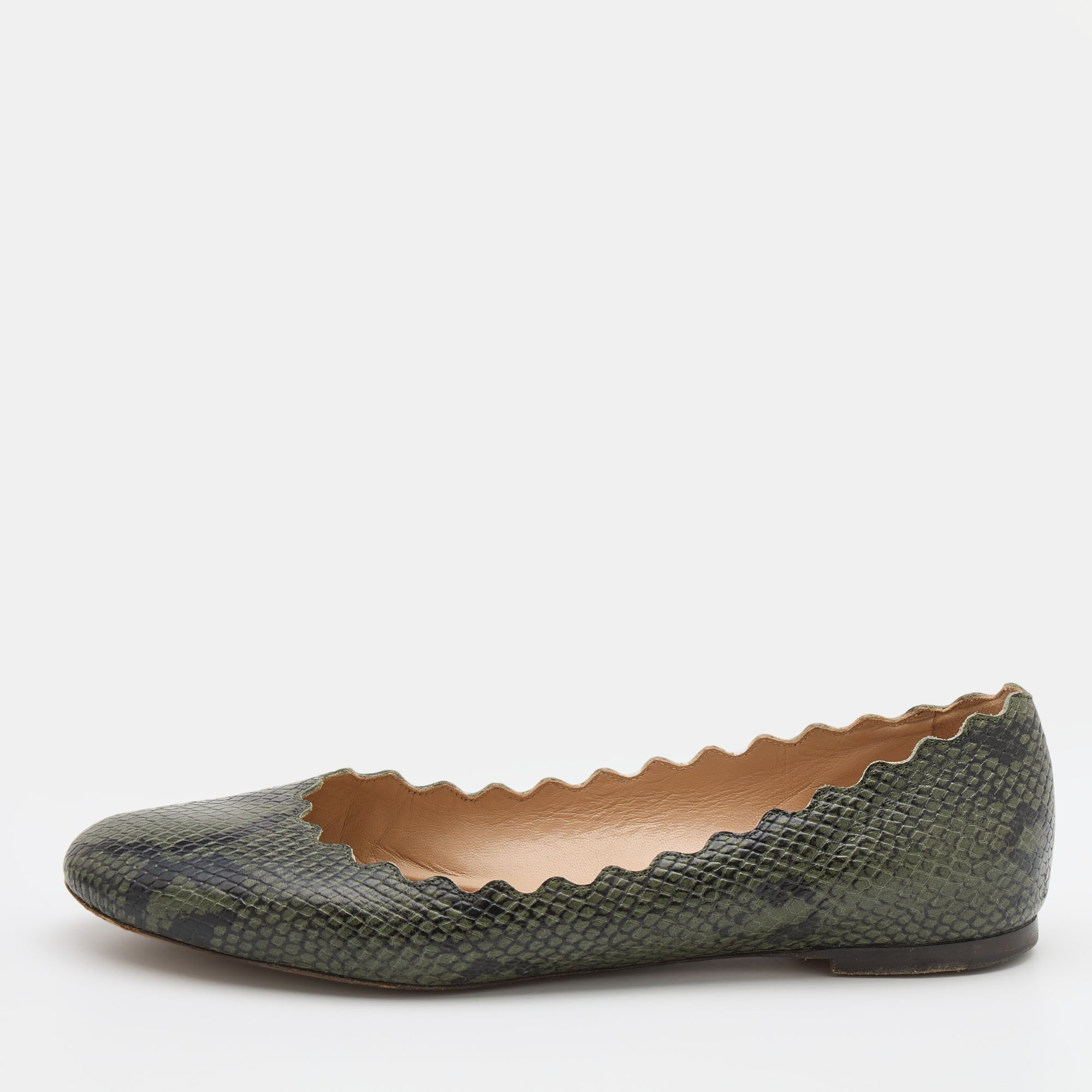 Pre-owned Chloé Green/black Python Embossed Leather Lauren Scallop Ballet Flats Size 40