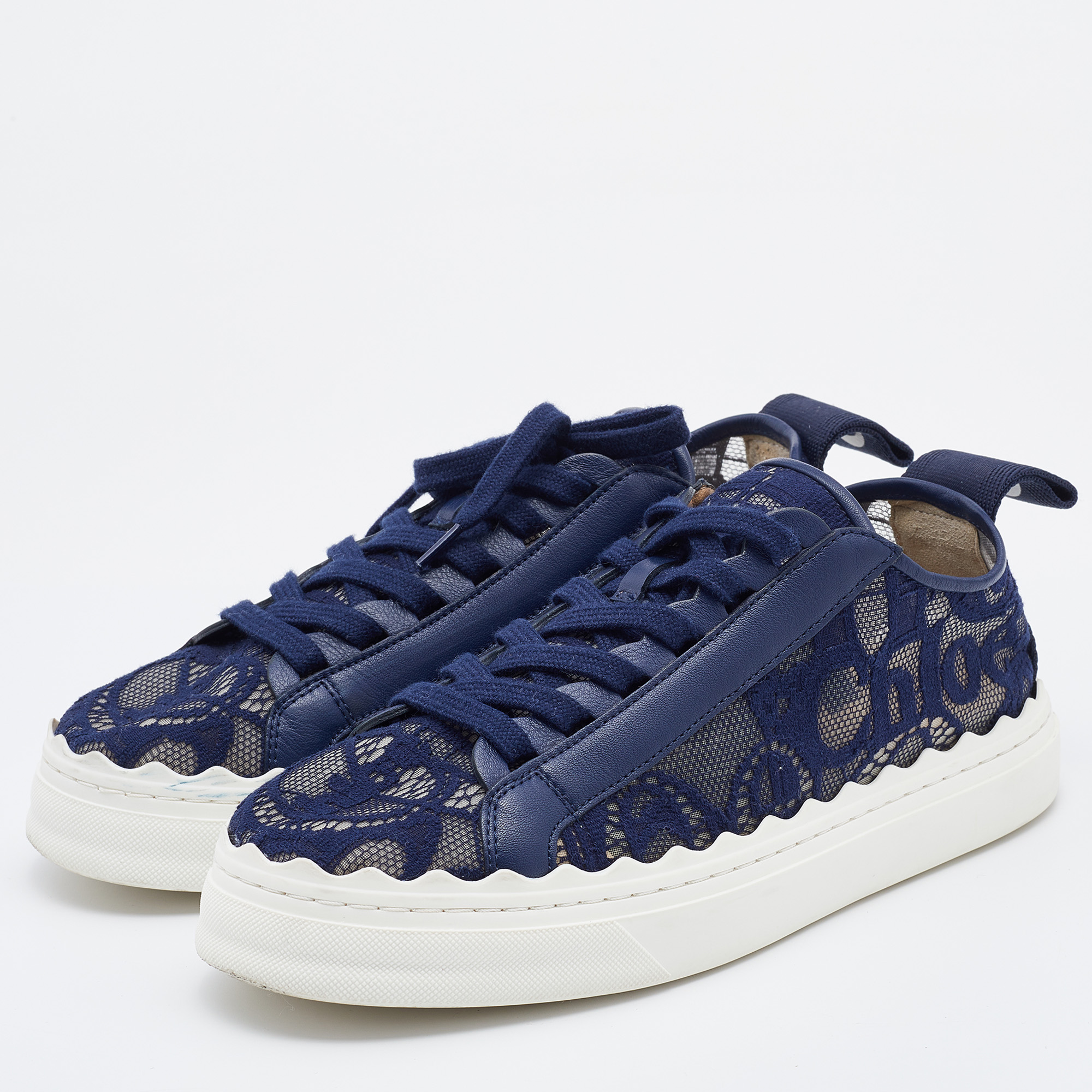 

Chloe Navy Blue Lace and Leather Lauren Low Top Sneakers Size