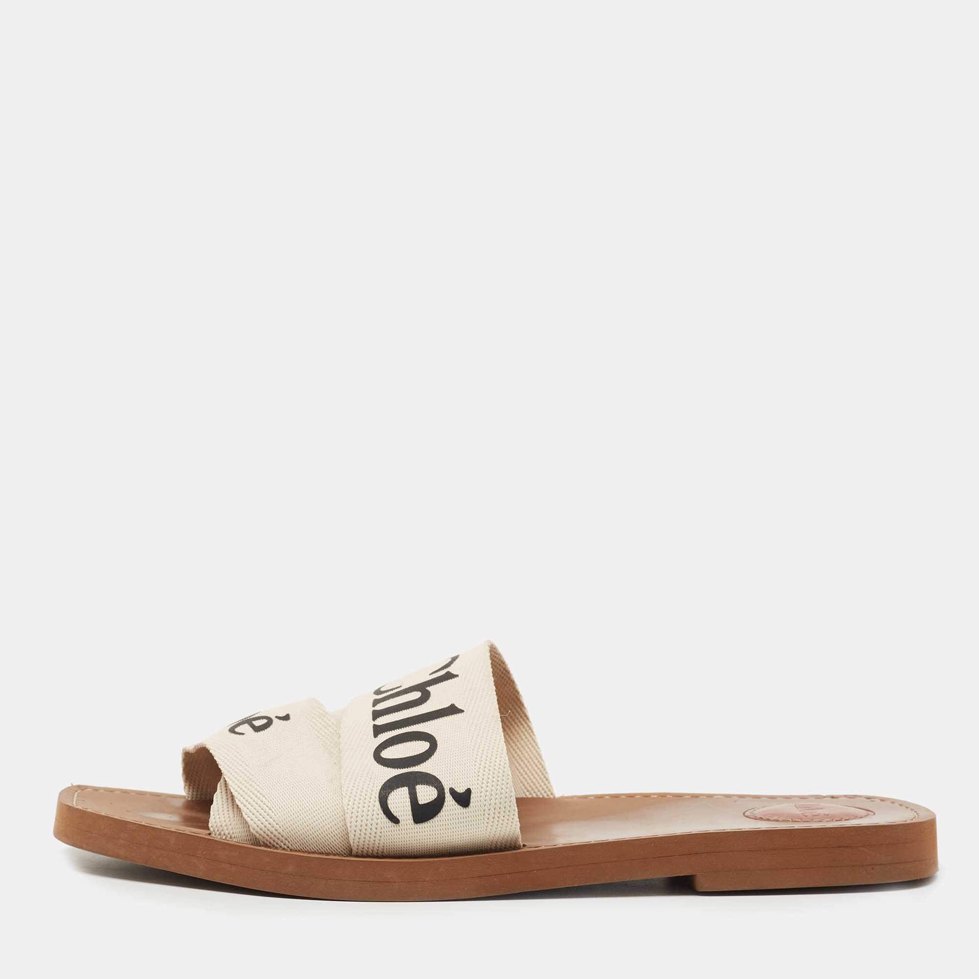 Pre Owned Chloe White Logo Print Canvas Woody Flat Slides Size 42