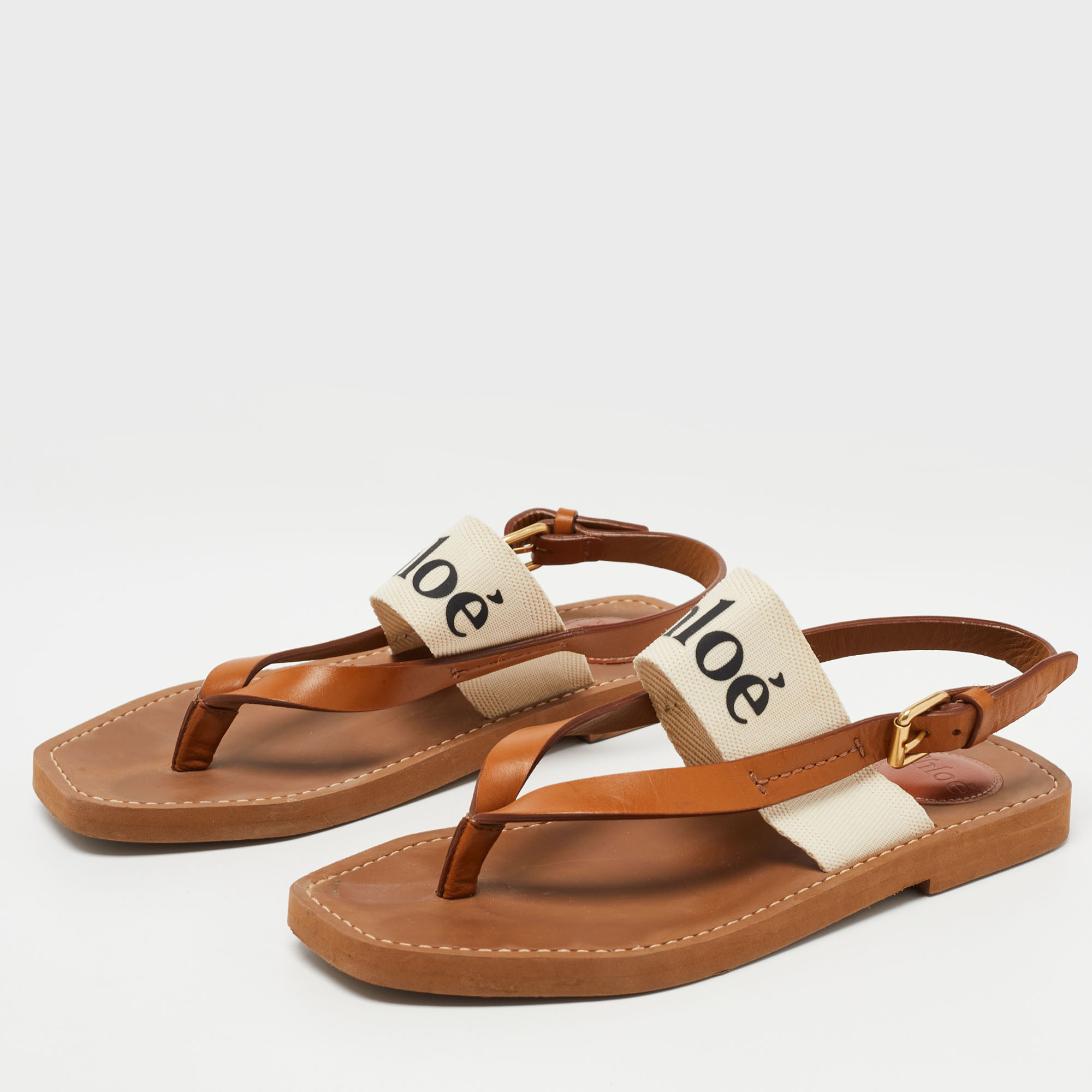 

Chloe Tan/White Leather and Logo Print Canvas Woody Thong Flat Sandals Size