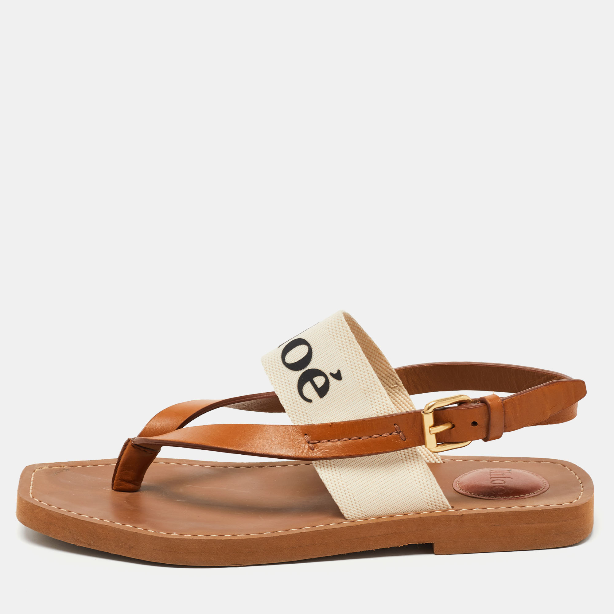 Pre-owned Chloé Tan/white Leather And Logo Print Canvas Woody Thong Flat Sandals Size 37