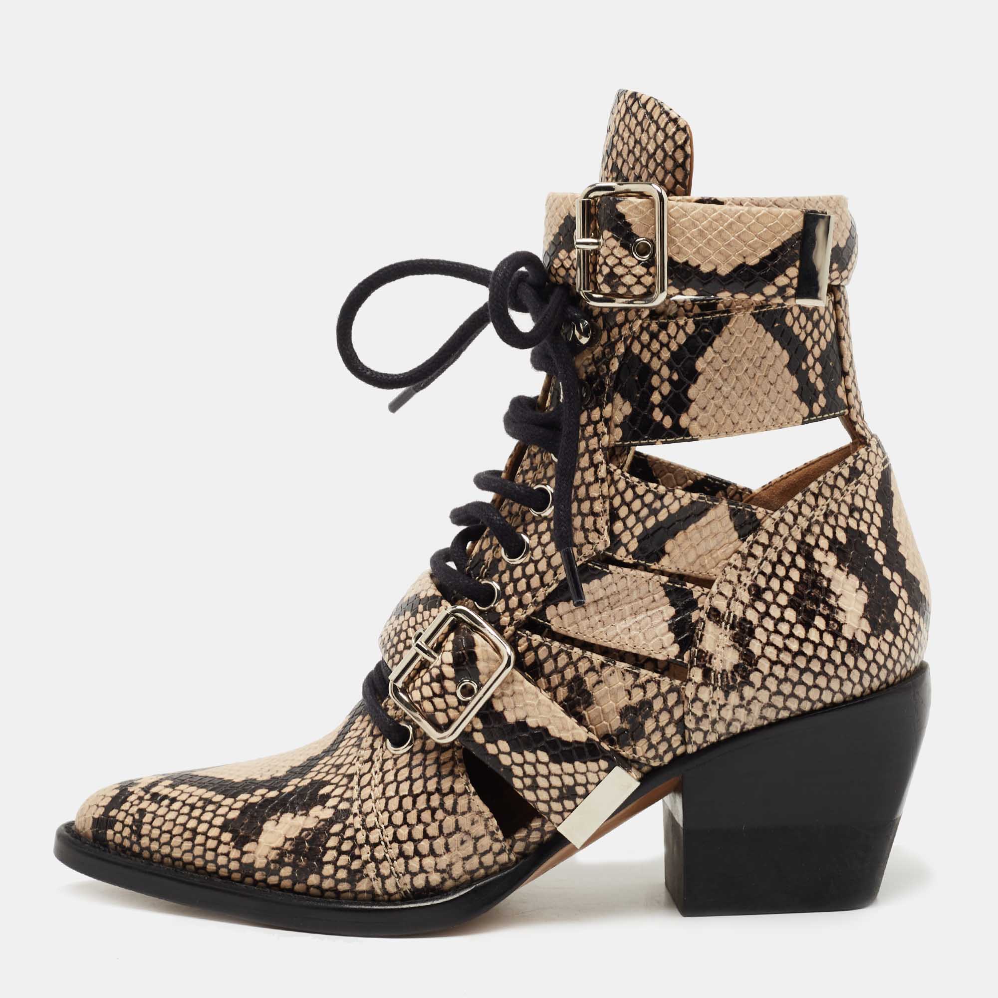 Pre-owned Chloé Brown/black Python Embossed Leather Rylee Ankle Boots Size 36 In Beige