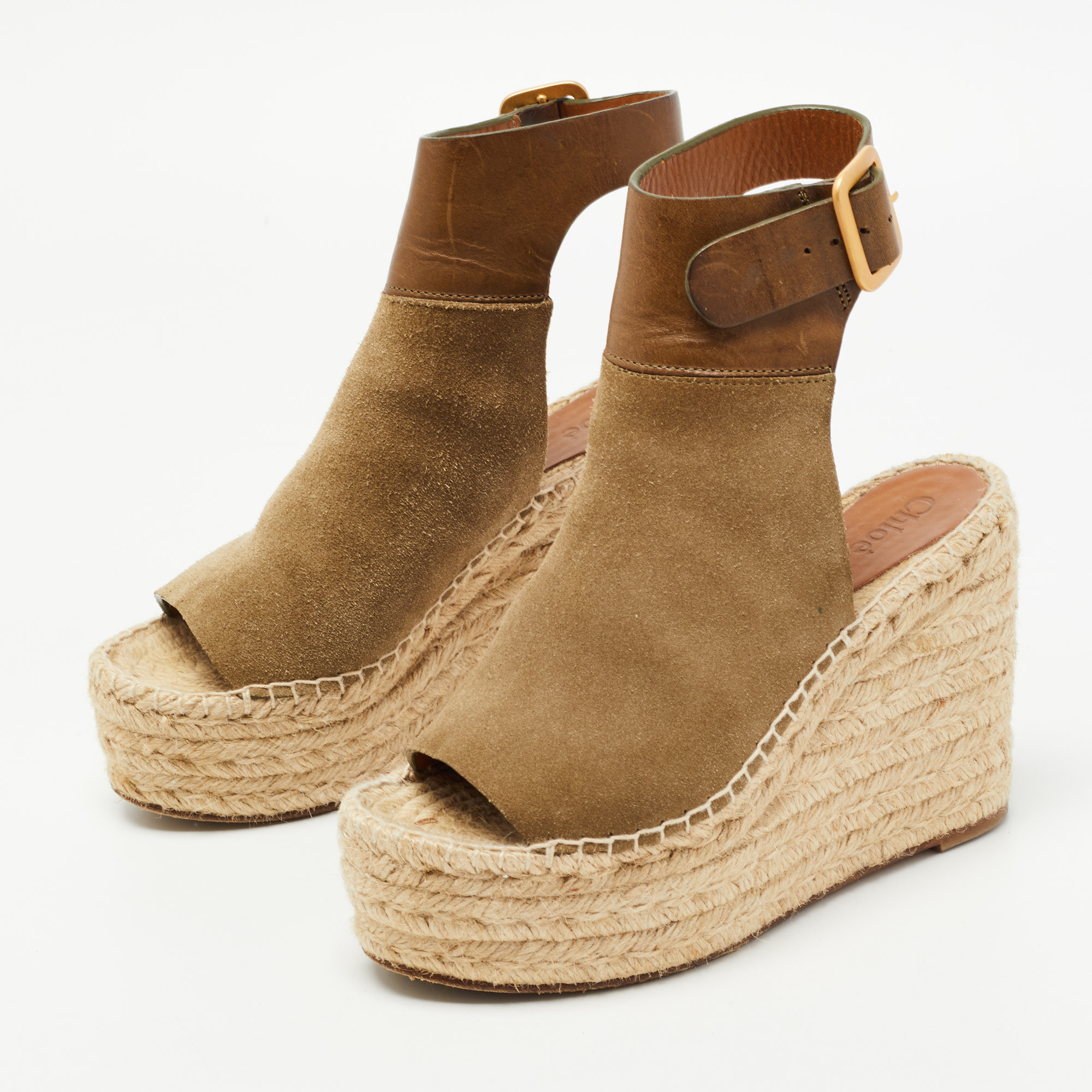 

Chloe Two Tone Leather and Suede Open Toe Espadrille Wedge Platform Ankle Strap Sandals Size, Brown