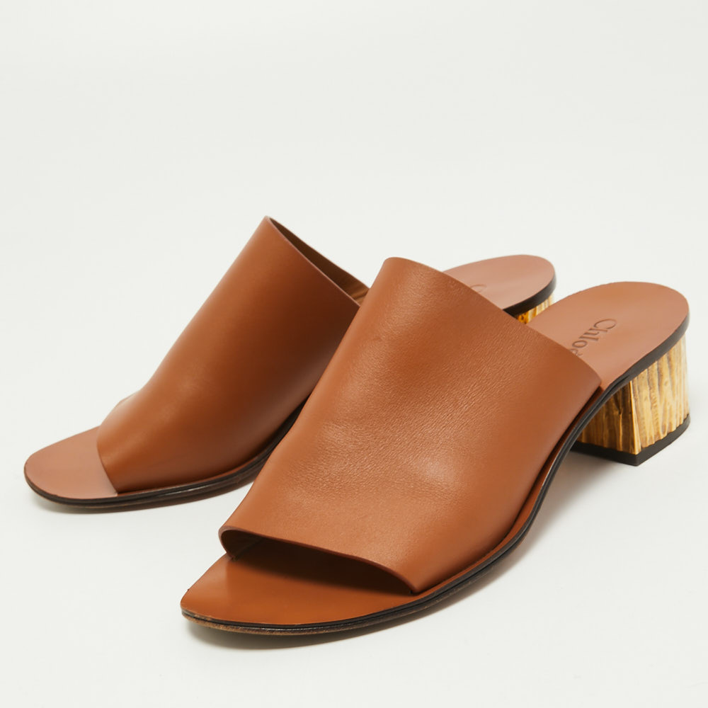 

Chloe Brown Leather Block Heel Open Toe Mules Sandals Size