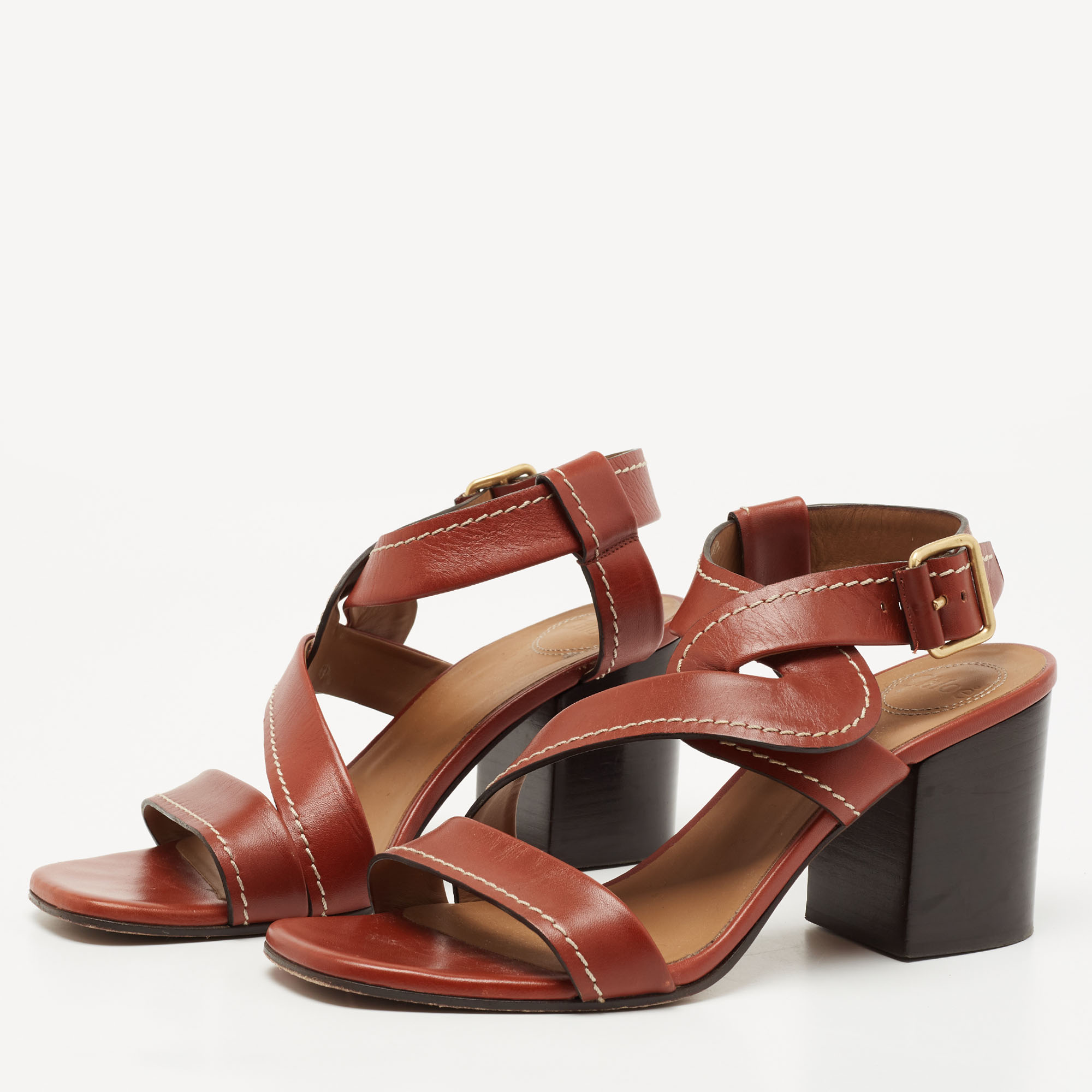 

Chloe Brown Leather Candice Ankle Strap Block Sandals Size