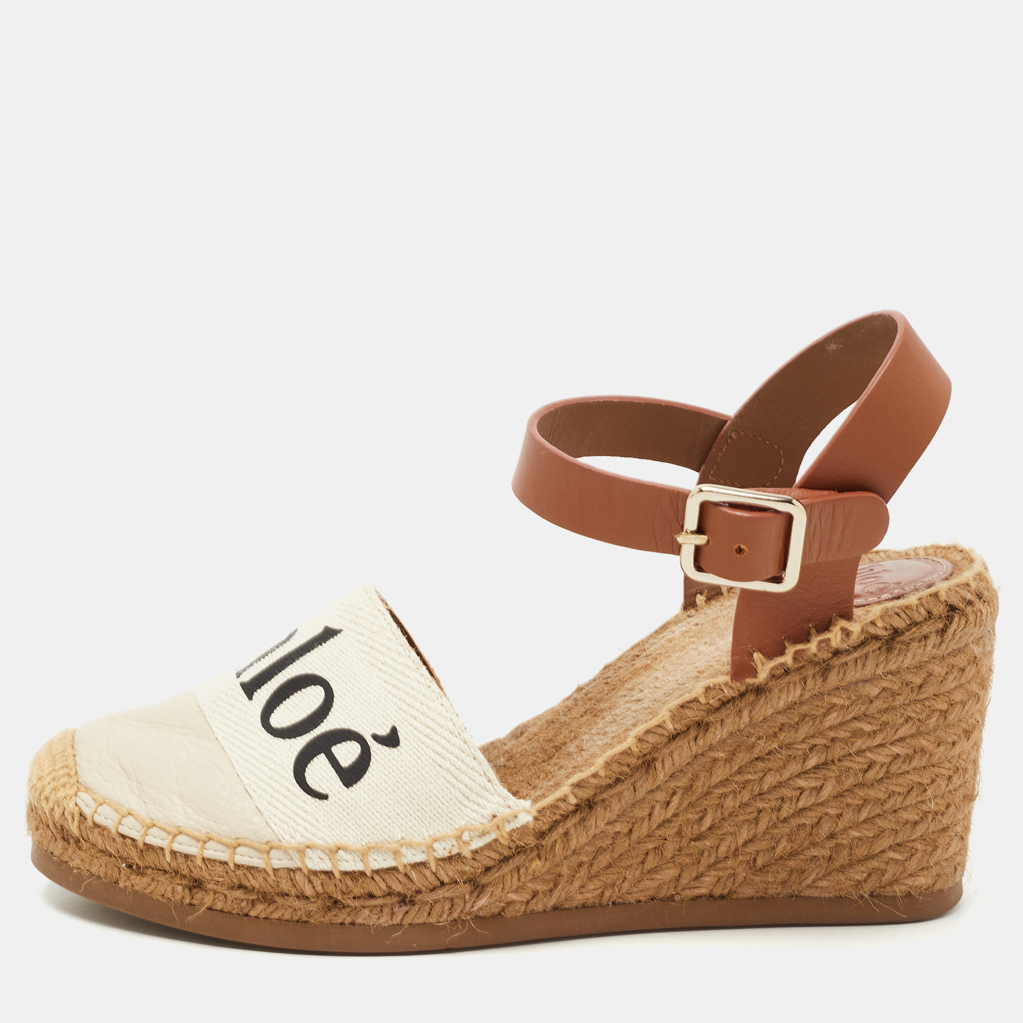 Pre Owned Chloe Brown/Cream Leather Wedge Sandals Size 38 