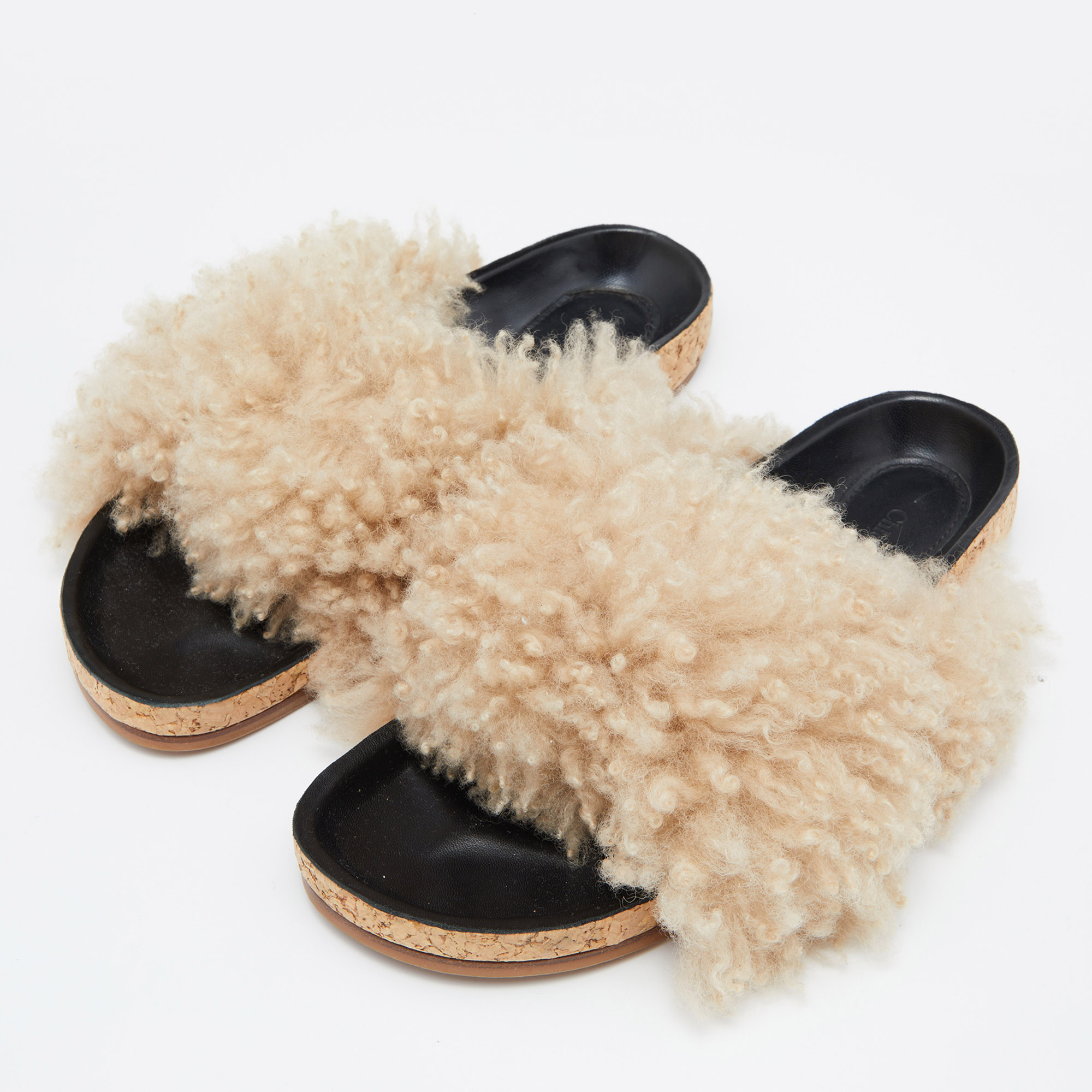 

Chloe Beige/Black Shearling Flat Slides Size