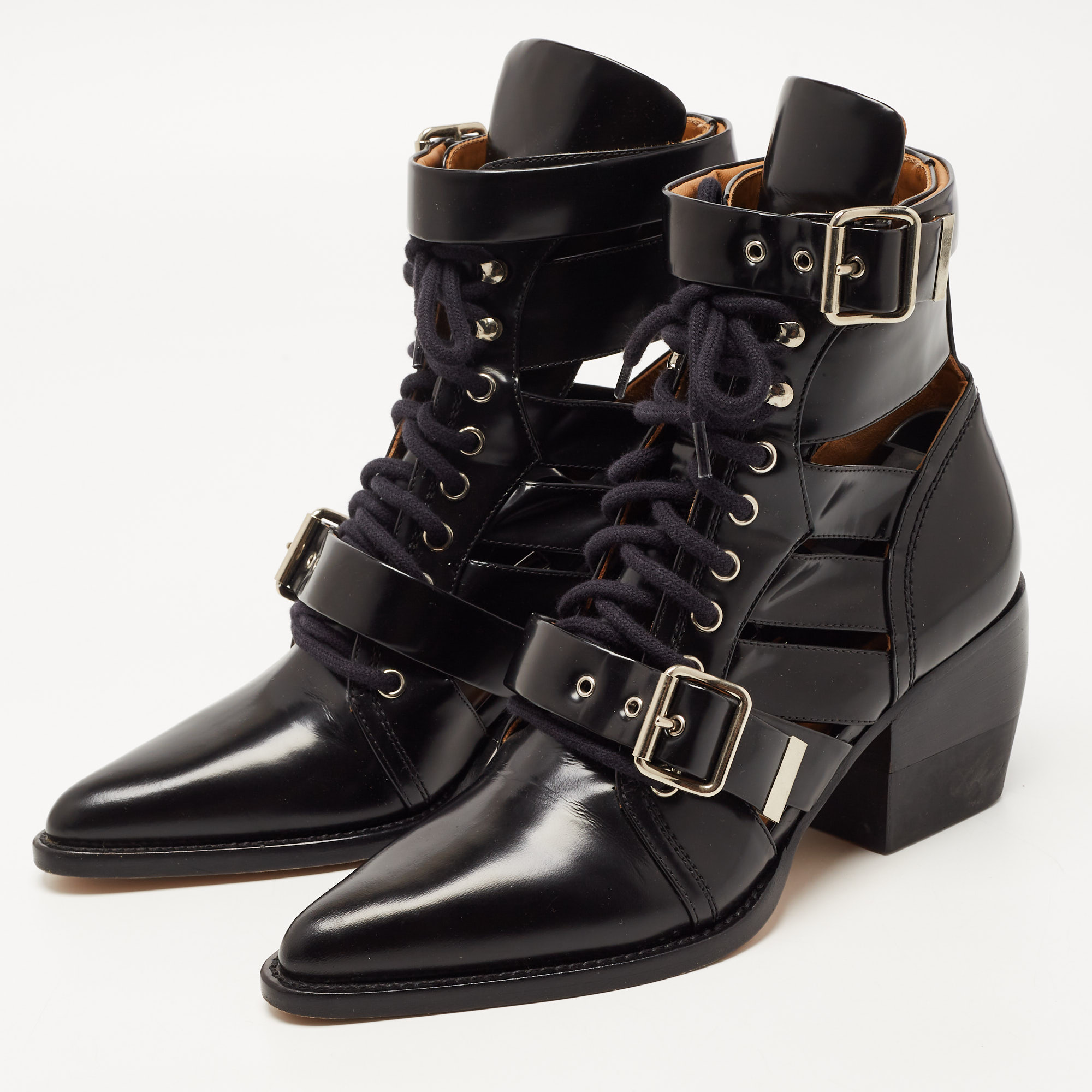

Chloe Black Leather Rylee Buckle Detail Ankle Boots Size