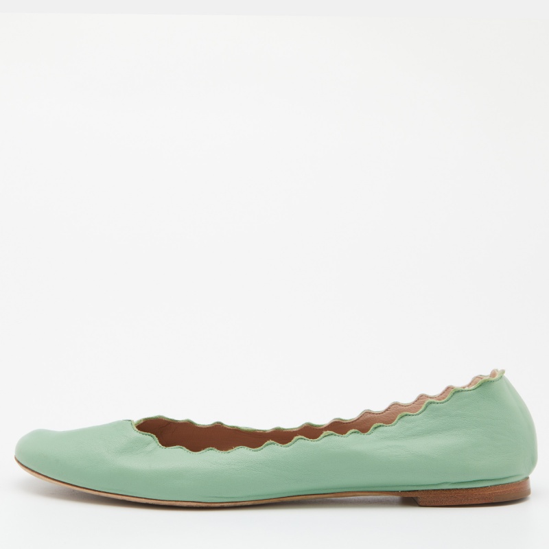 Pre-owned Chloé Green Scalloped Leather Lauren Ballet Flats Size 38.5