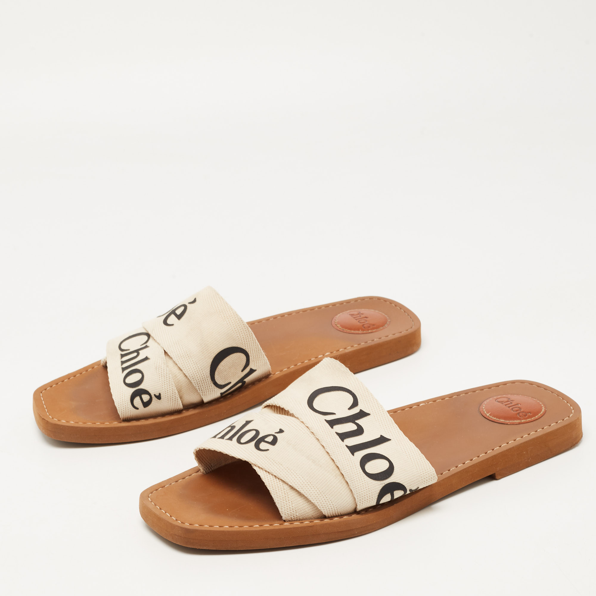 

Chloe Beige Canvas Logo Ribbon Woody Flat Slides Size, White