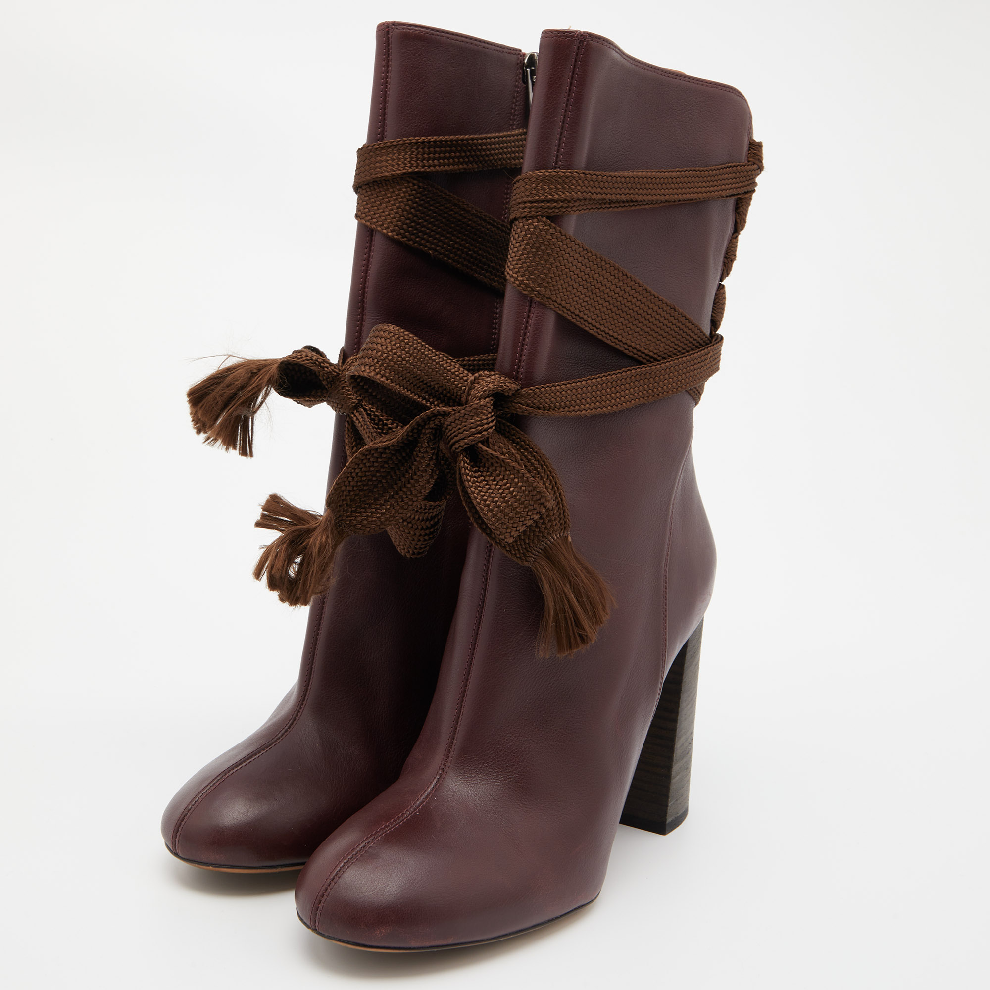 

Chloe Burgundy Leather Lace Up Mid Calf Boots Size