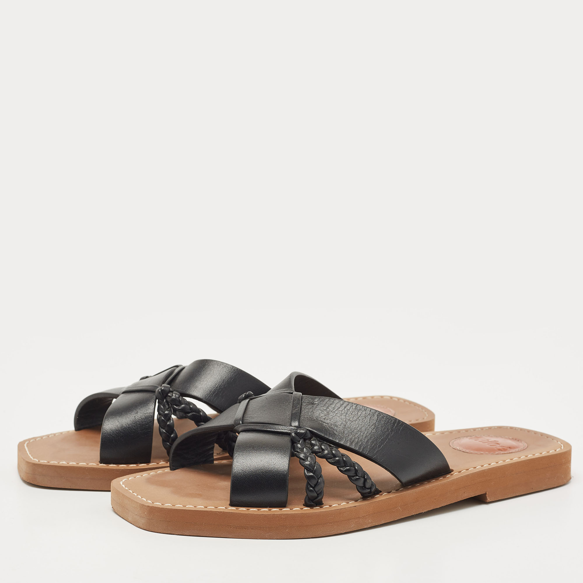 

Chloe Black Leather Cross Strap Woody Flat Slides Size