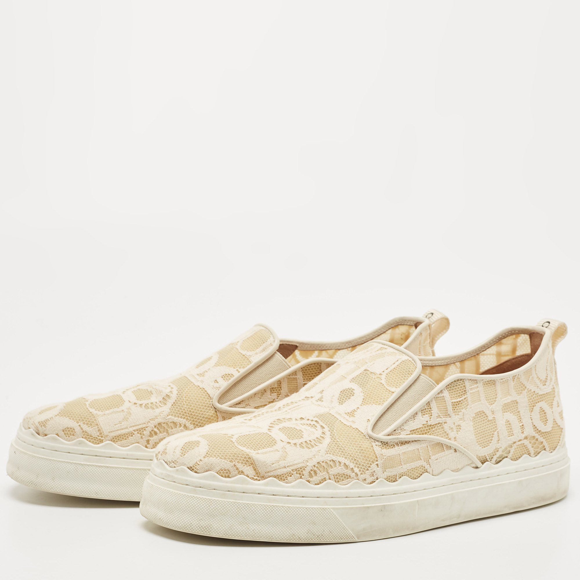 

Chloe Beige/White Lace and Leather Lauren Slip On Sneakers Size
