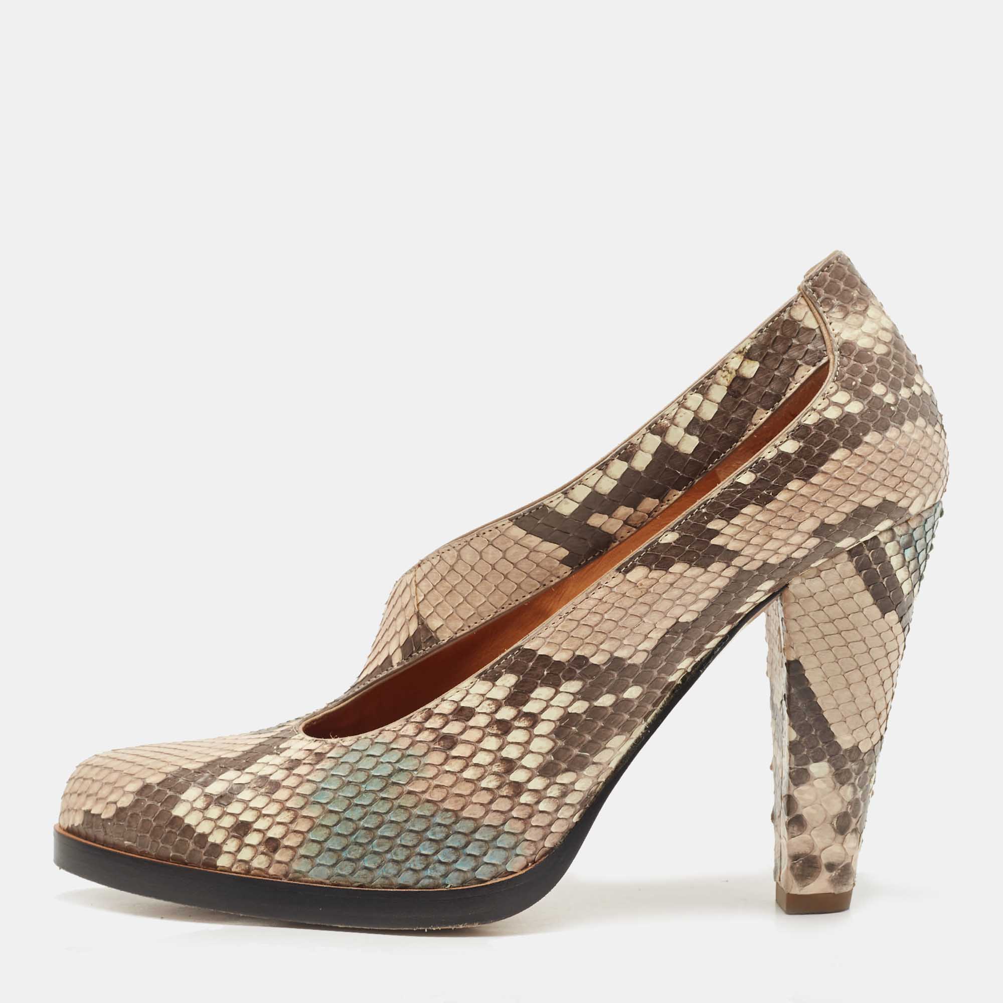 Pre-owned Chloé Tricolor Python Leather Pumps Size 38 In Brown