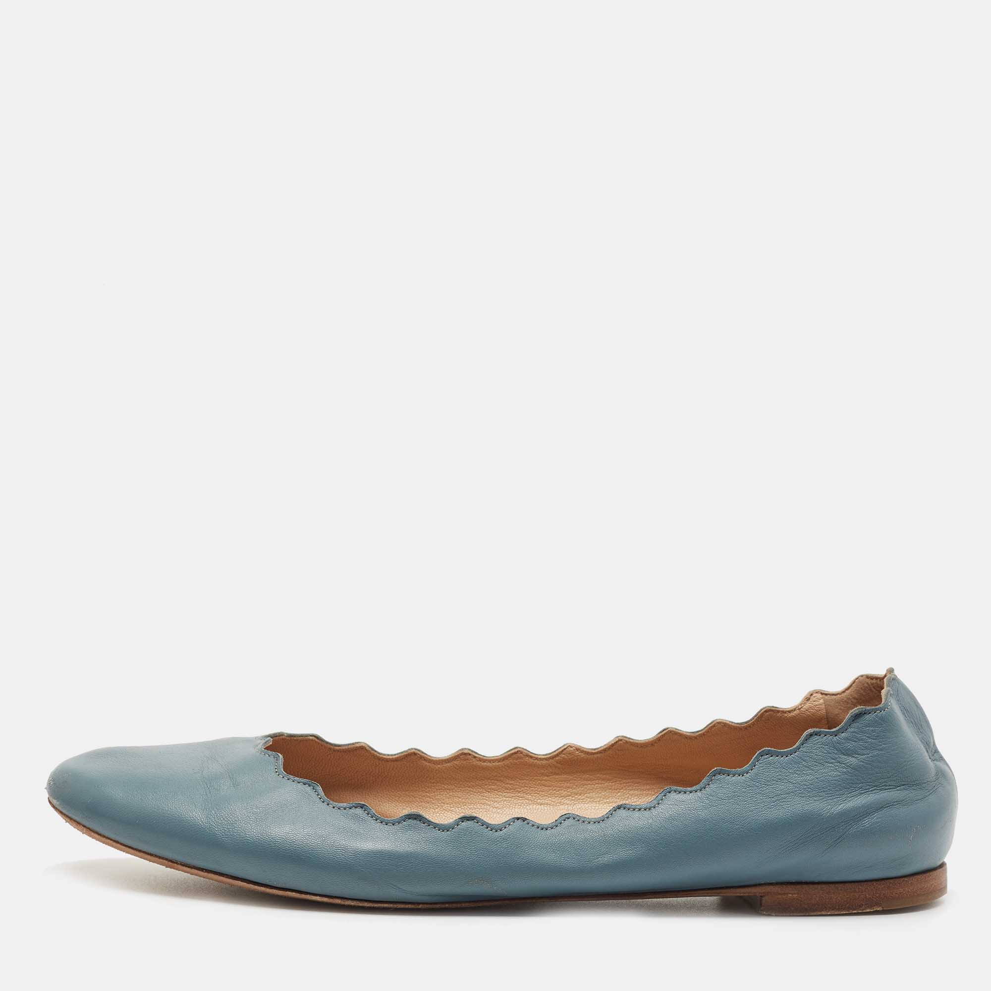 Pre-owned Chloé Blue Scalloped Leather Lauren Ballet Flats Size 40
