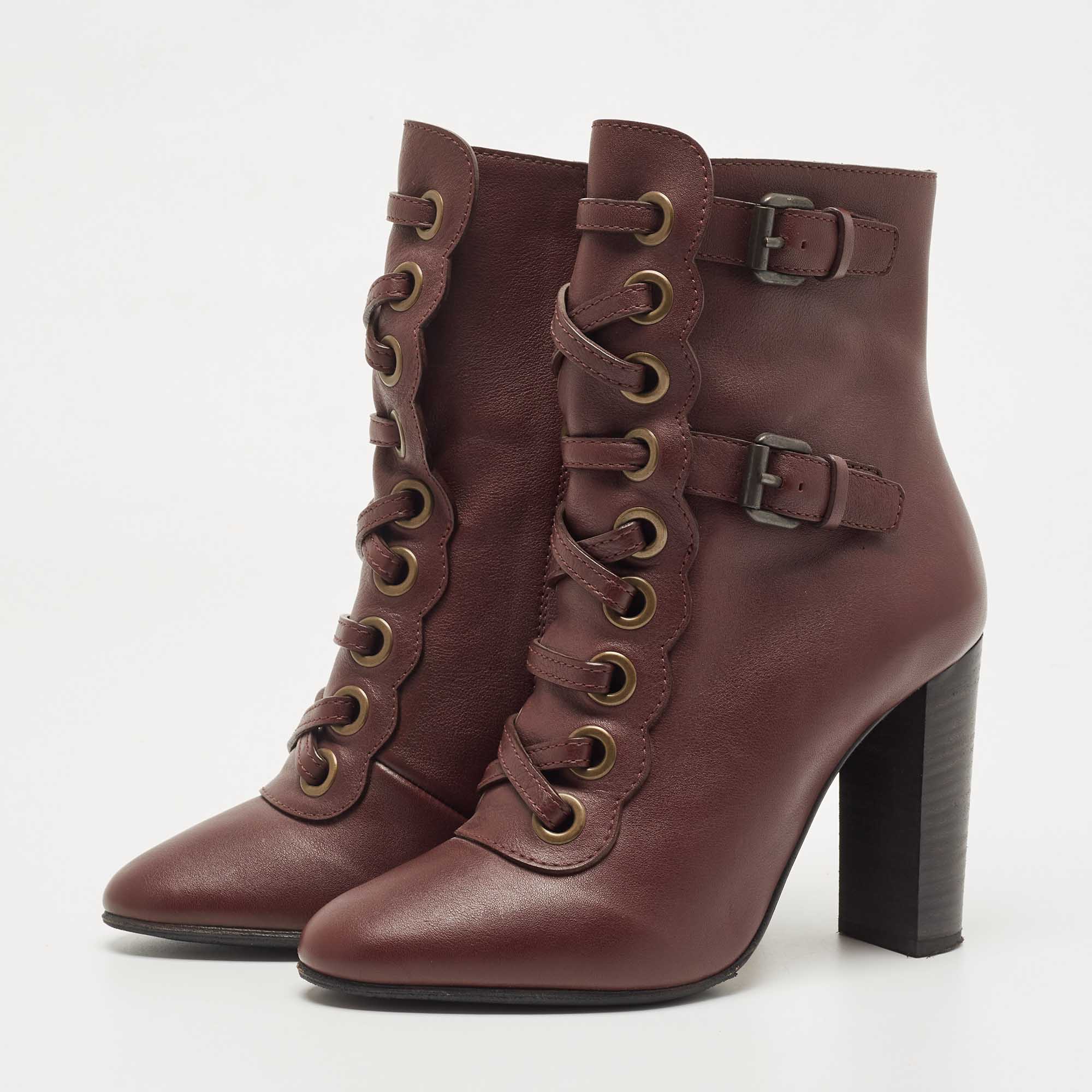 

Chloe Burgundy Leather Buckle Detail Lace Up Ankle Booties Size