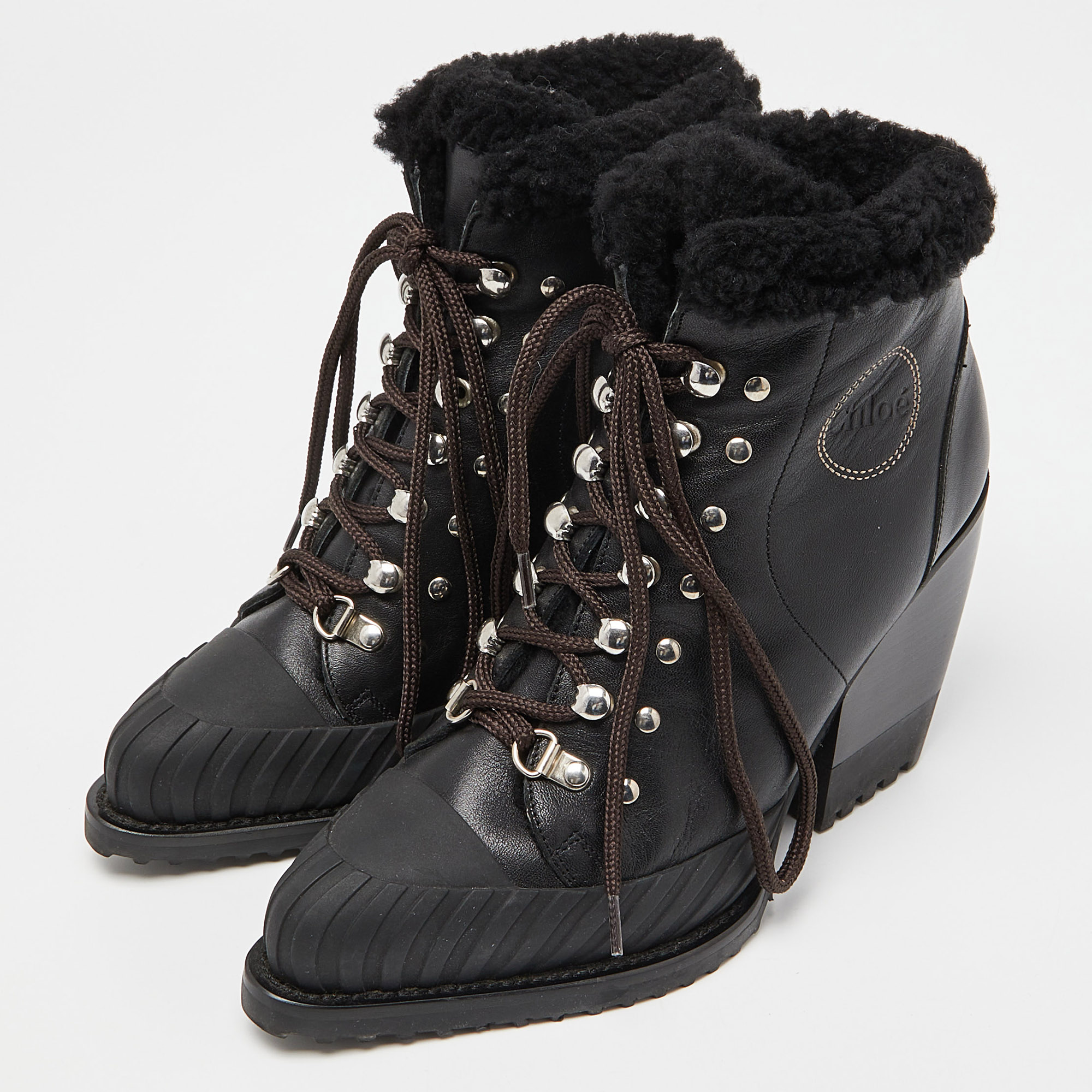 

Chloe Black Leather Lace Up Ankle Booties Size