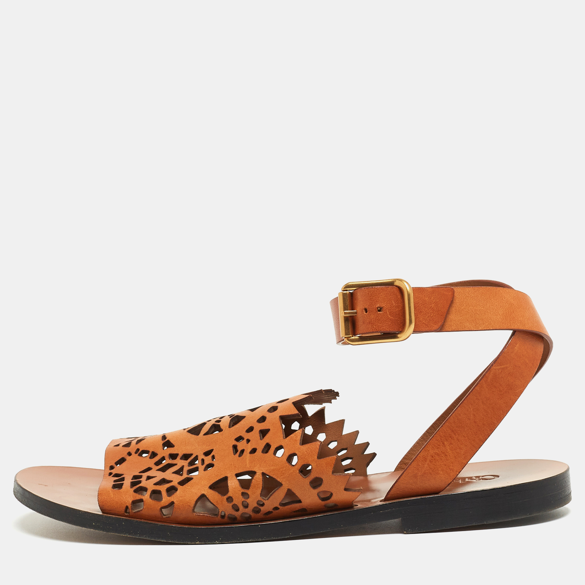 

Chloe Brown Leather Laser Cut Ankle Strap Sandals Size