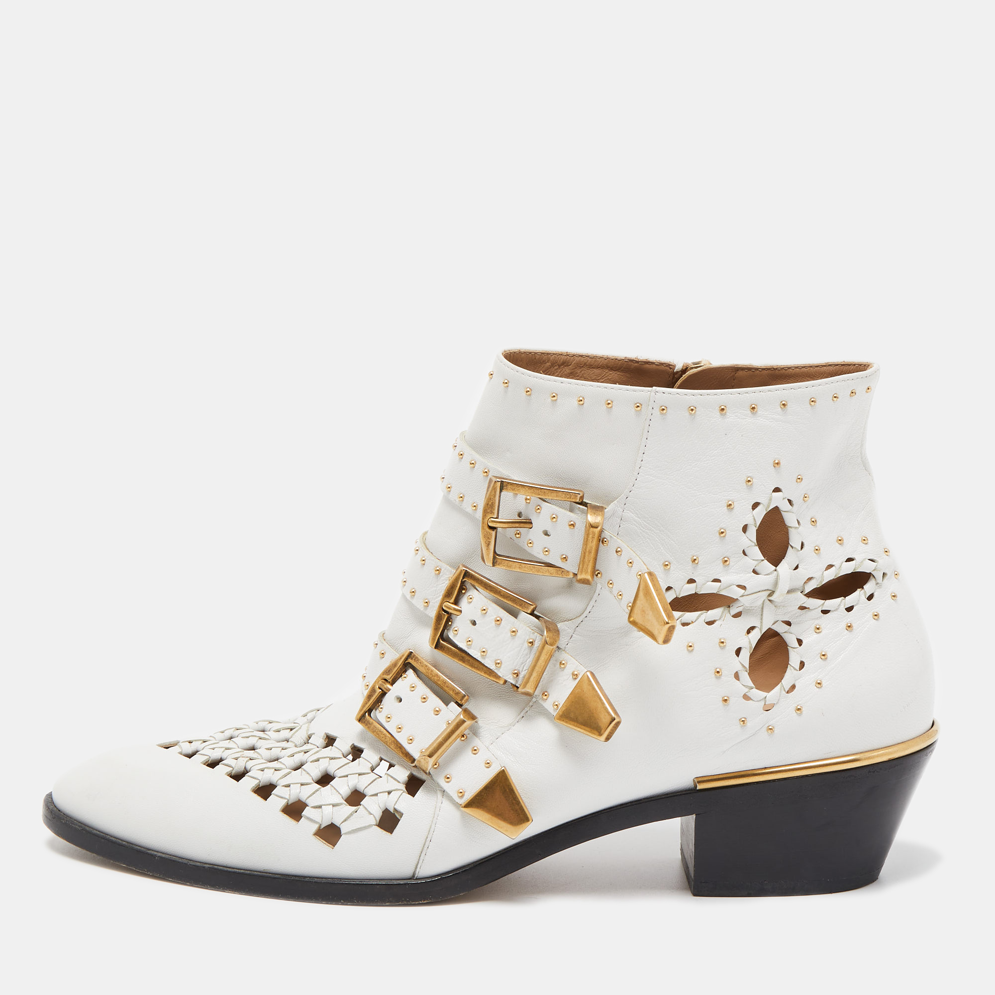 Pre-owned Chloé White Leather Cutout Studded Susanna Boots Size 40