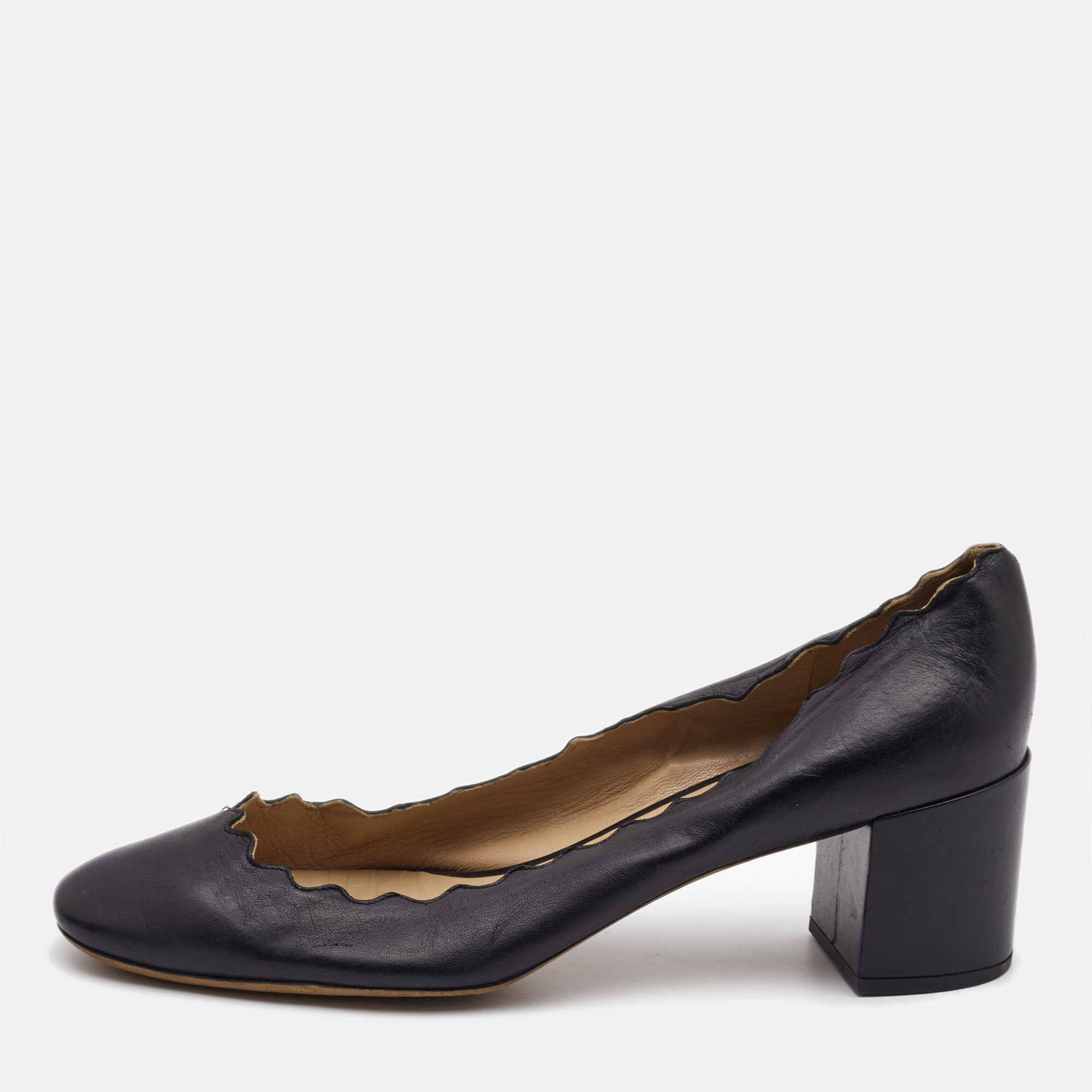 Pre-owned Chloé Black Leather Laurena Scalloped Pumps Size 39.5