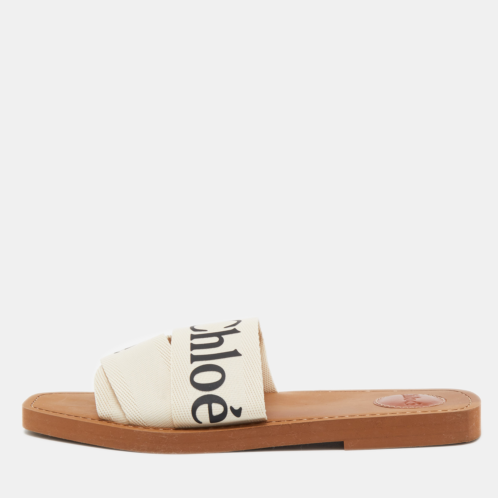 Pre Owned Chloé Off-White Logo Canvas Woody Flat Slides Size 40