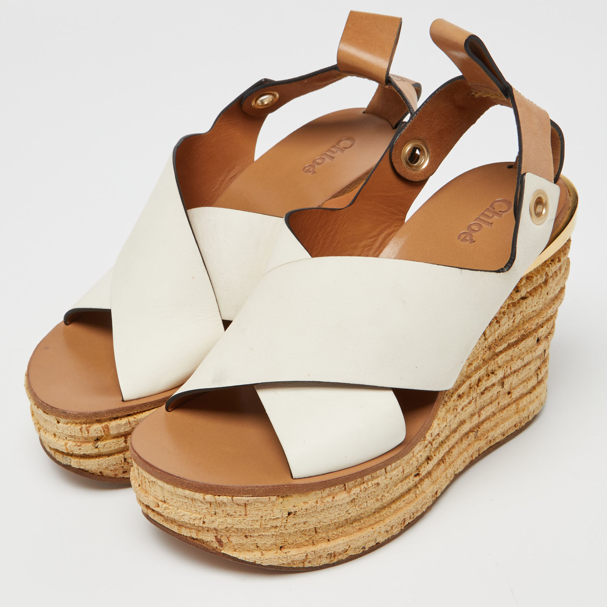 

Chloe White/Tan Leather Cross Strap Wedge Platform Slingback Sandals Size