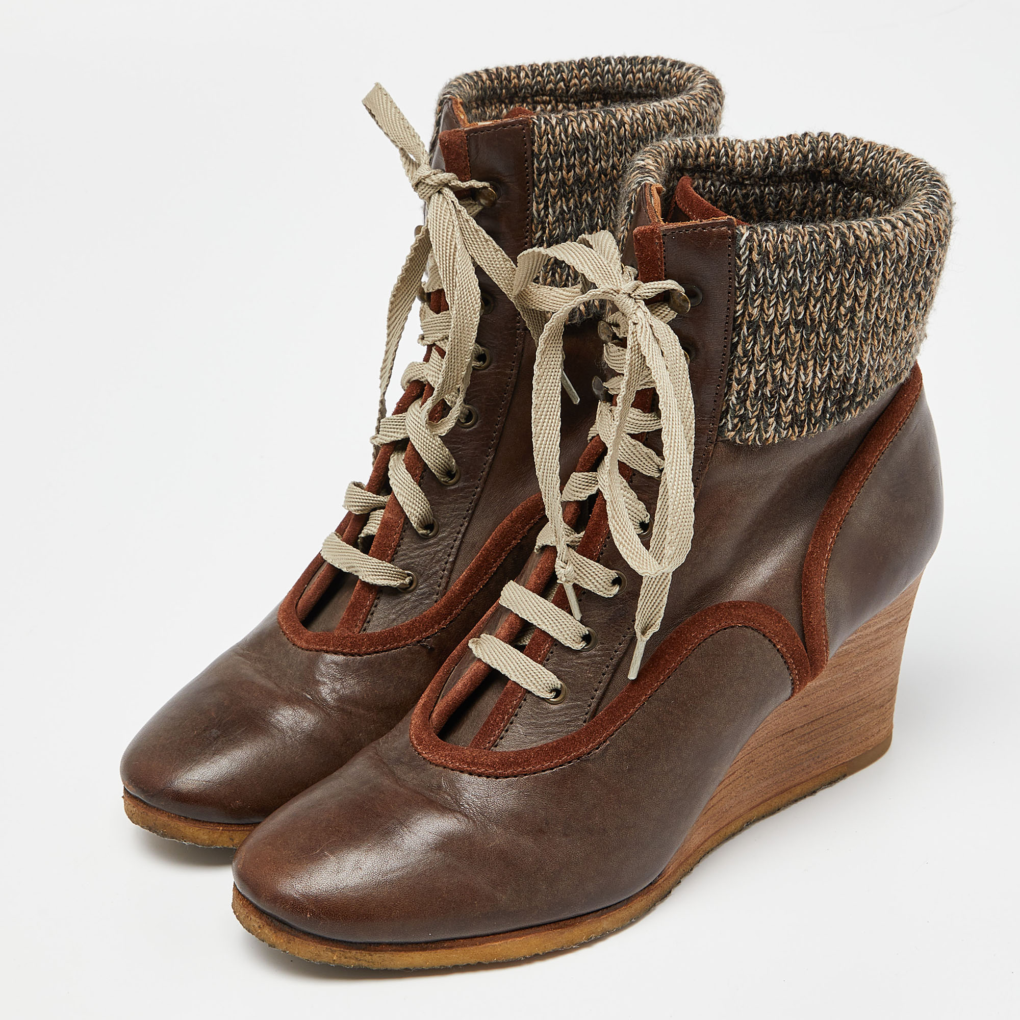 

Chloe Brown Leather and Knit Fabric Wedge Ankle Boots Size