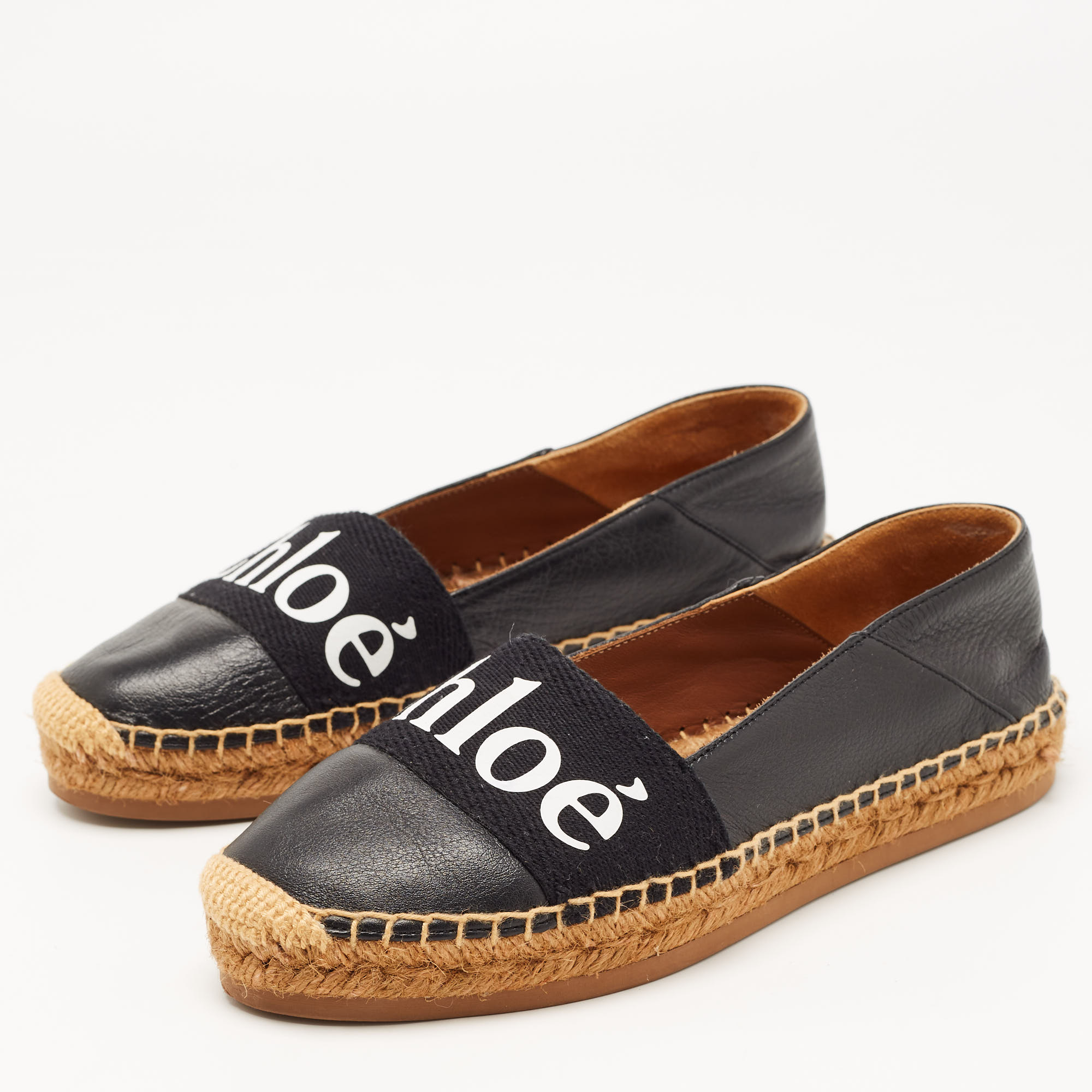 

Chloe Black Leather and Logo Canvas Woody Espadrille Flats Size