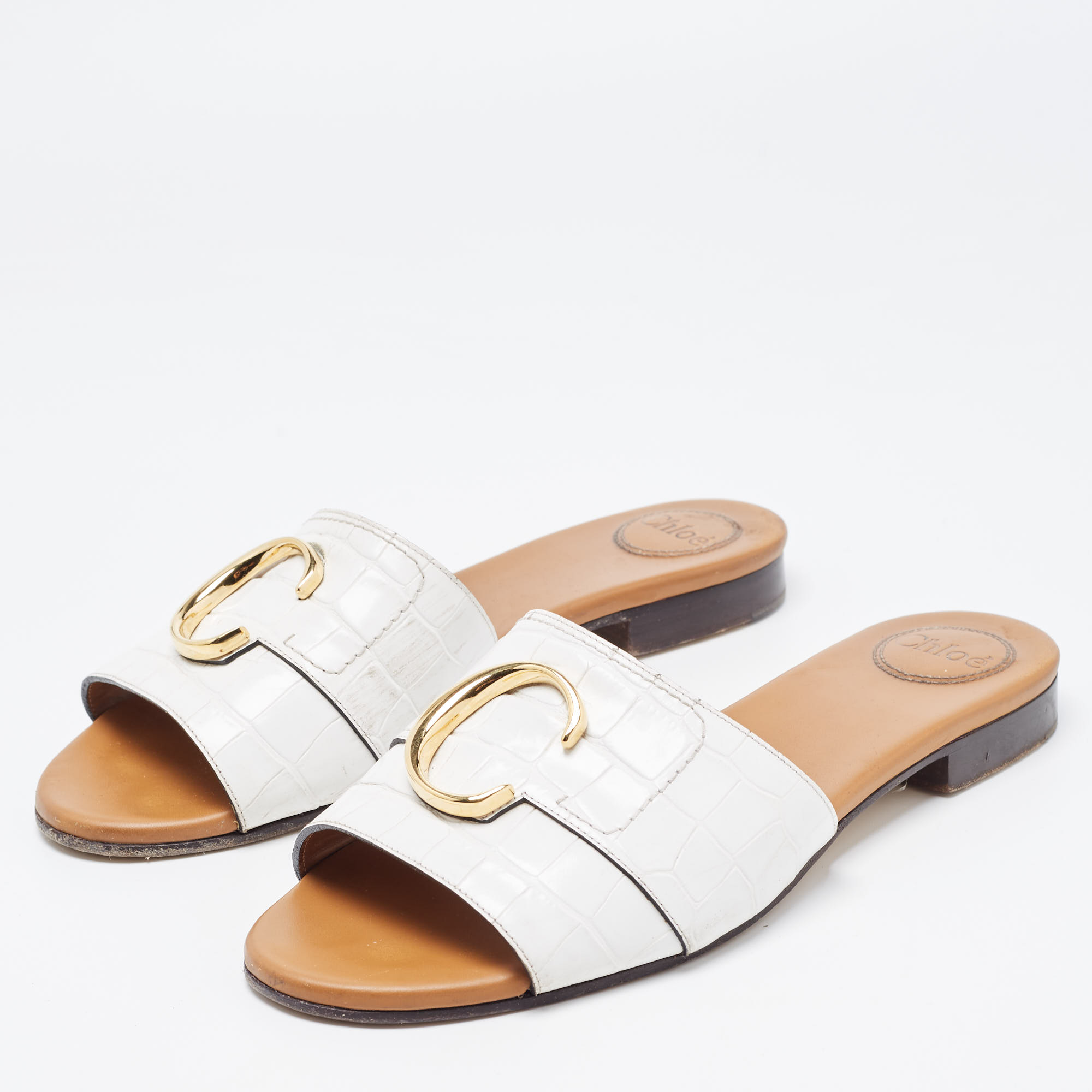 

Chloe White Croc Embossed Leather C Slide Sandals Size