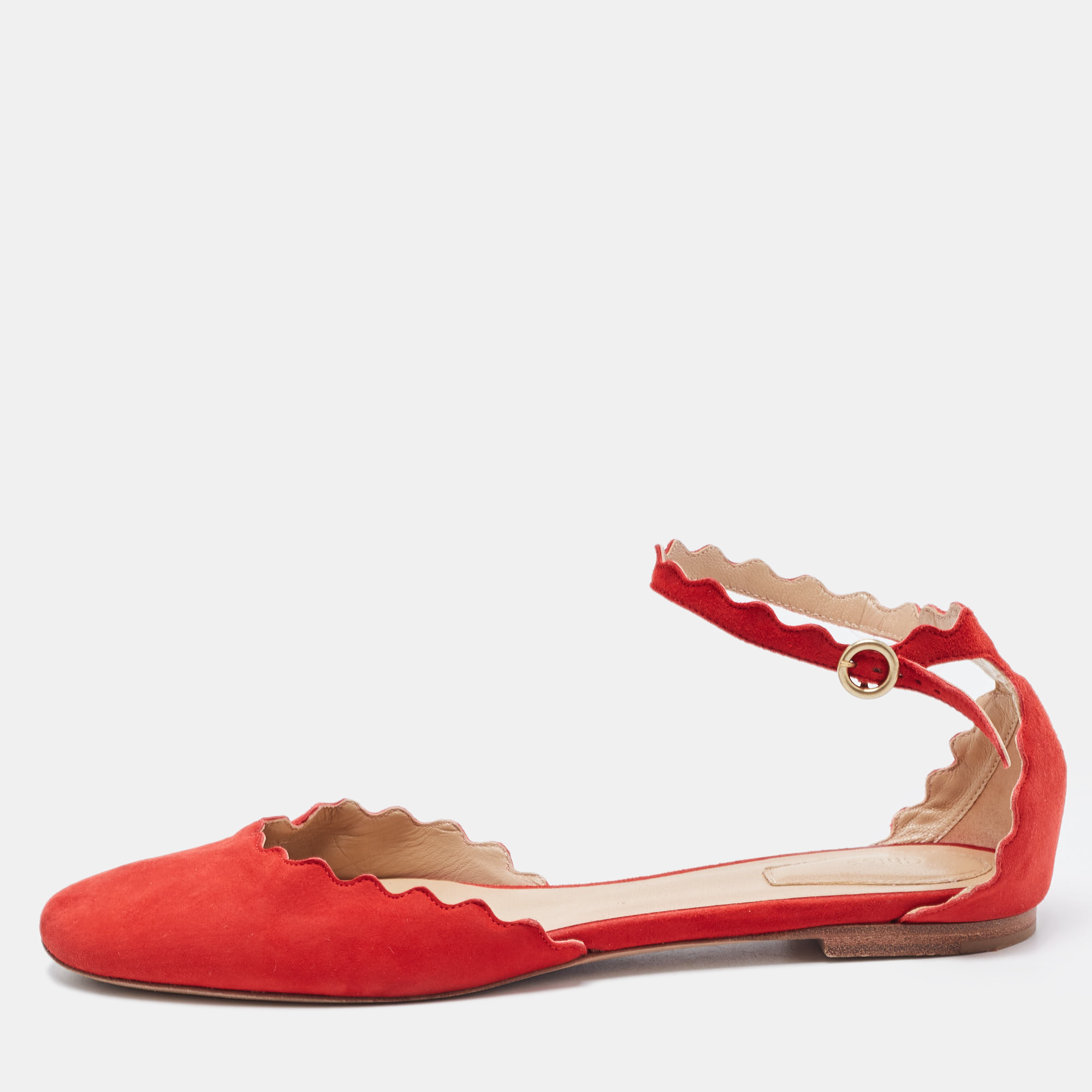 Pre-owned Chloé Red Scalloped Suede Lauren Ankle Strap Flats Size 38.5