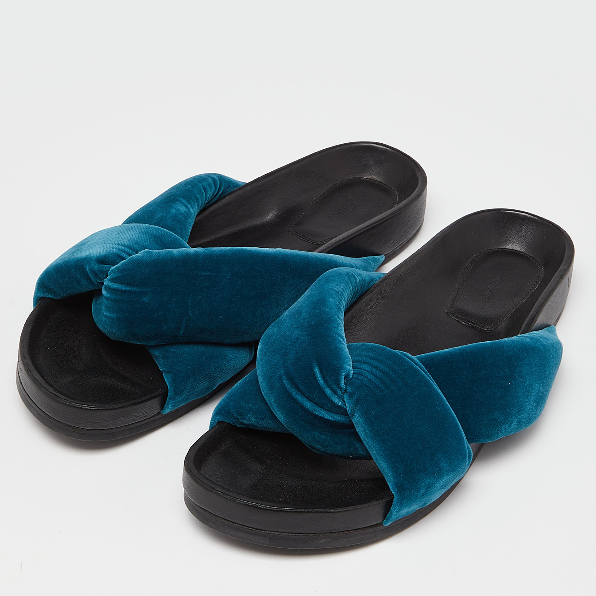 

Chloe Teal Blue Velvet Criss Cross Flat Slides Size