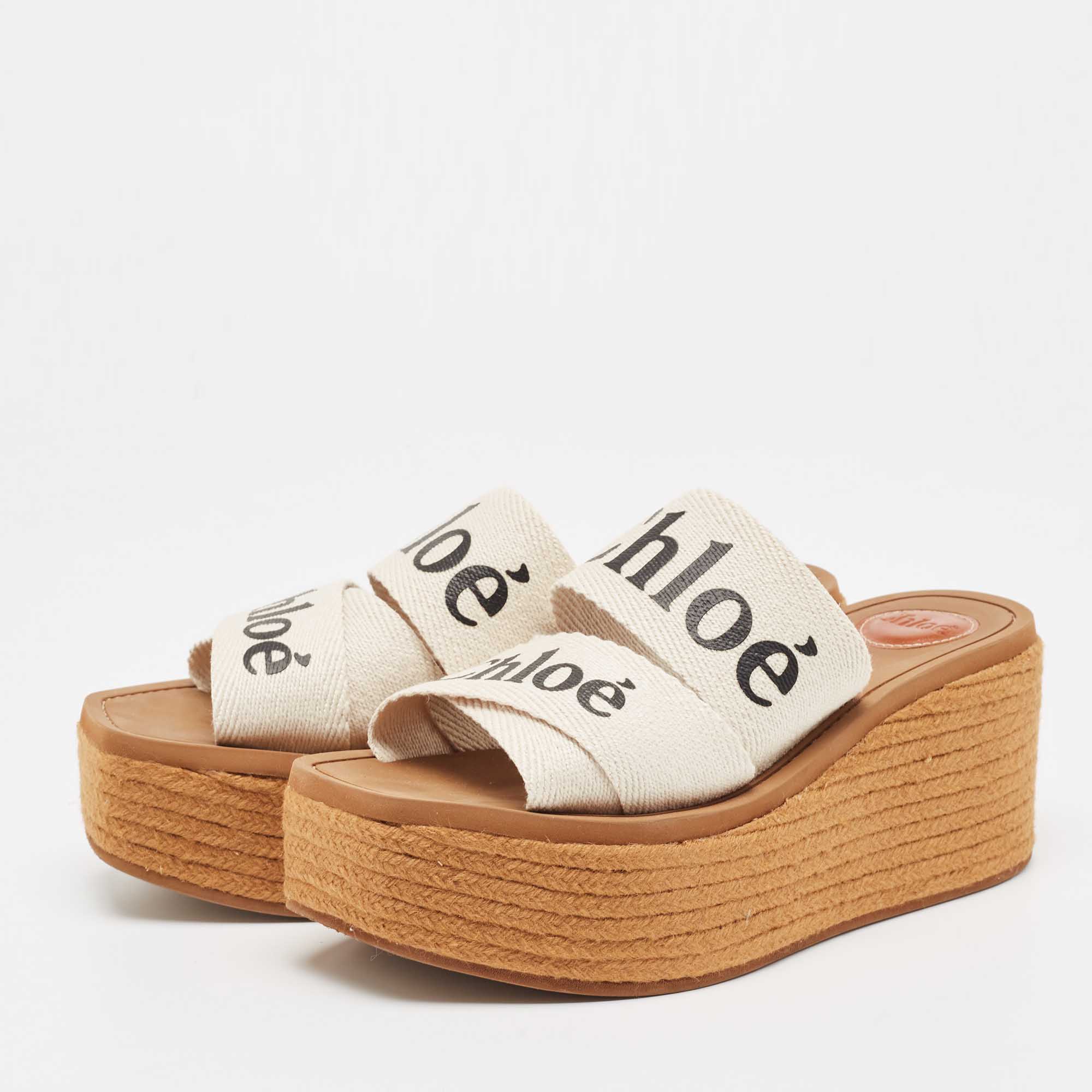 

Chloe White Canvas Logo Print Woody Wedge Platform Slide Sandals Size