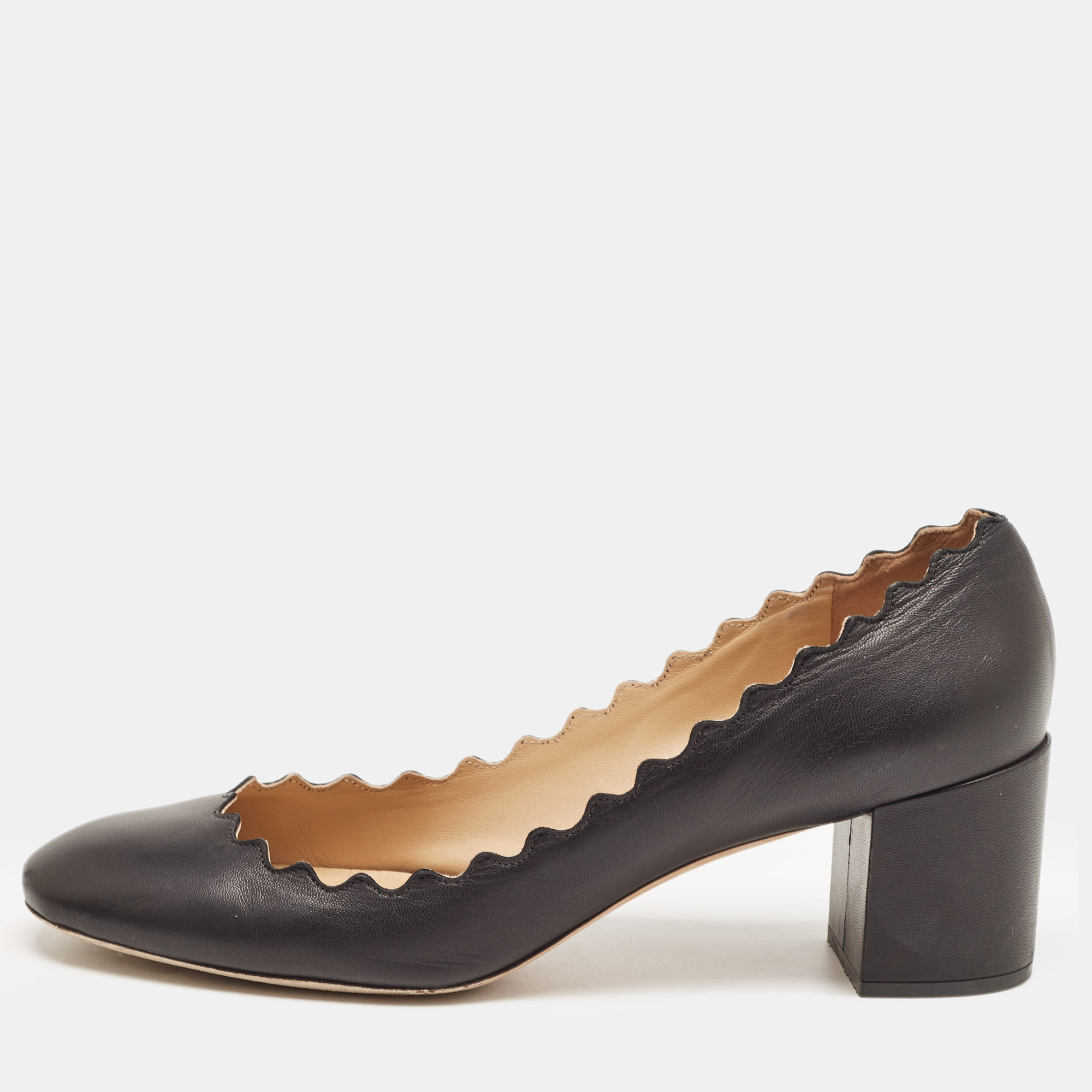Pre-owned Chloé Black Scalloped Leather Lauren Block Heel Pumps Size 40