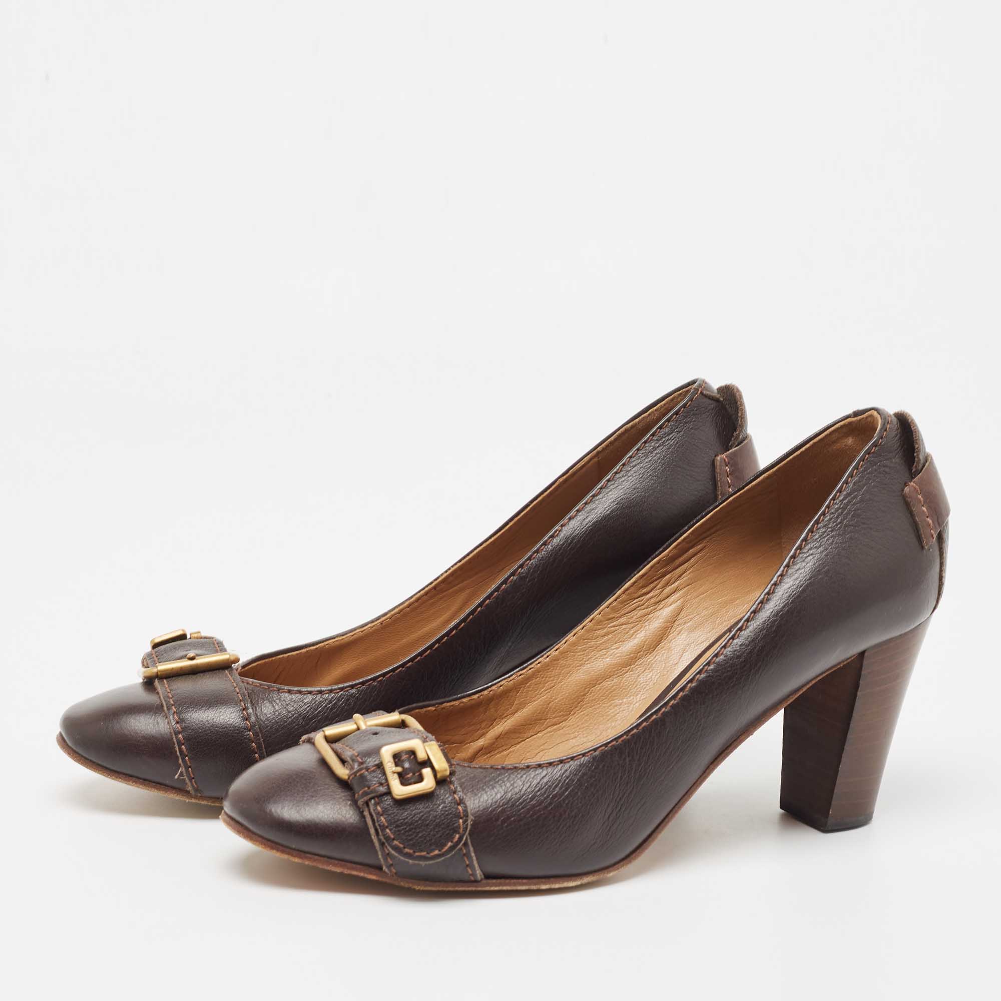 

Chloe Brown Leather Buckle Detail Round Toe Block Heel Pumps Size