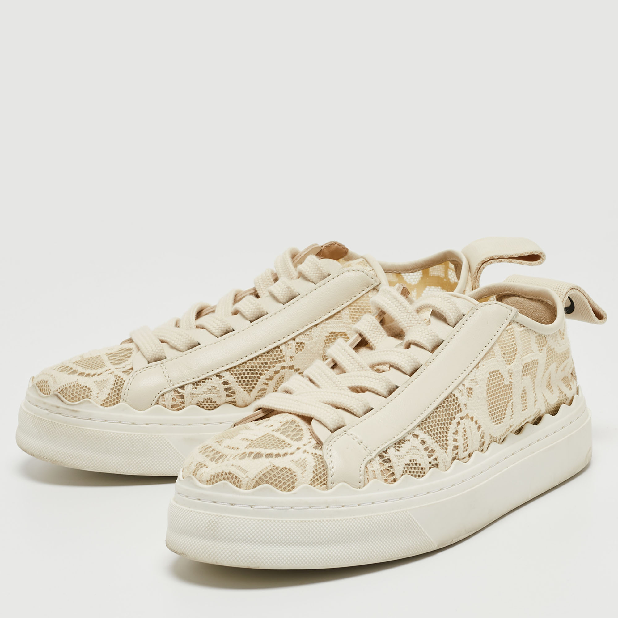 

Chloe Cream Lace And Leather Lauren Lace Up Sneakers Size