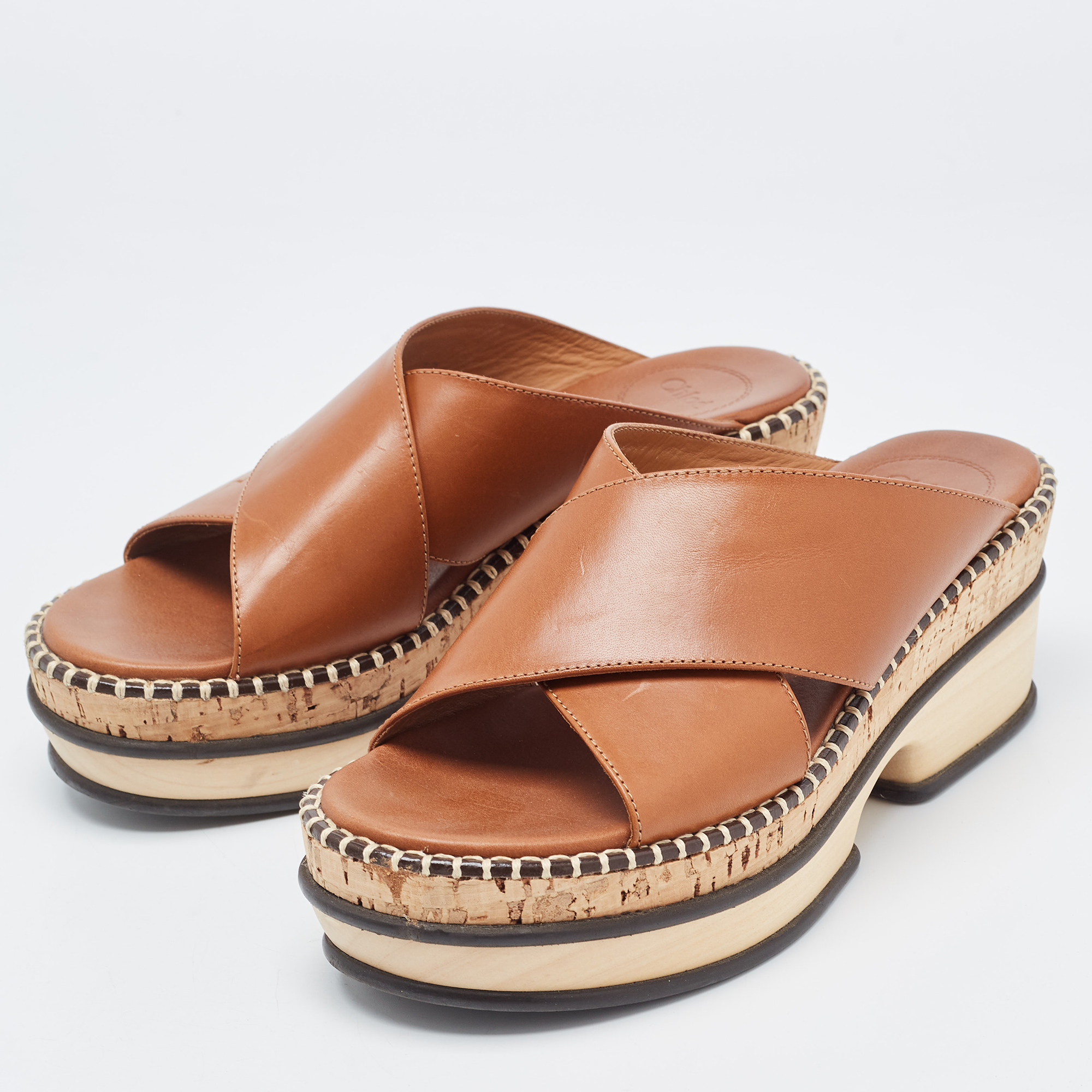 

Chloe Brown Leather Woody Leather Slides Sandals Size