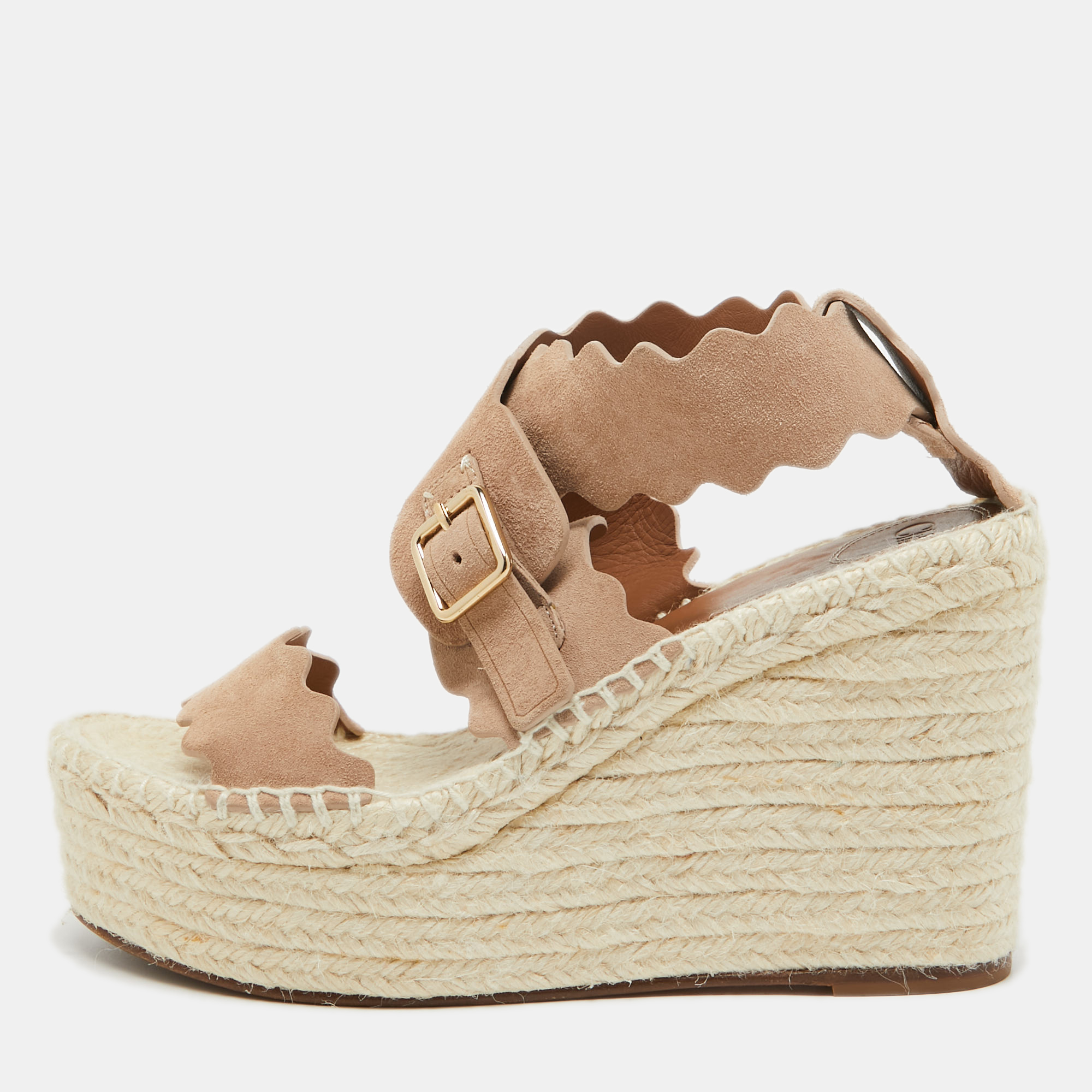 Pre-owned Chloé Beige Suede Lauren Scalloped Espadrille Wage Sandals Size 39