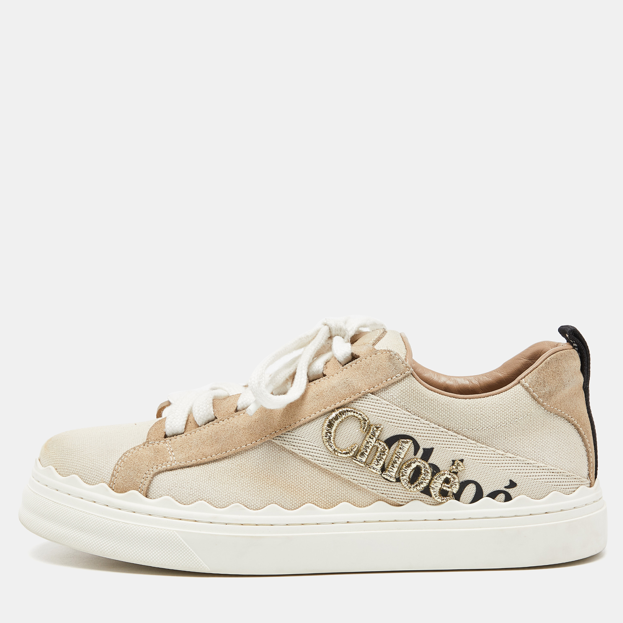 Pre-owned Chloé Beige Canvas And Suede Lauren Logo Embroidered Low Top Sneakers Size 39
