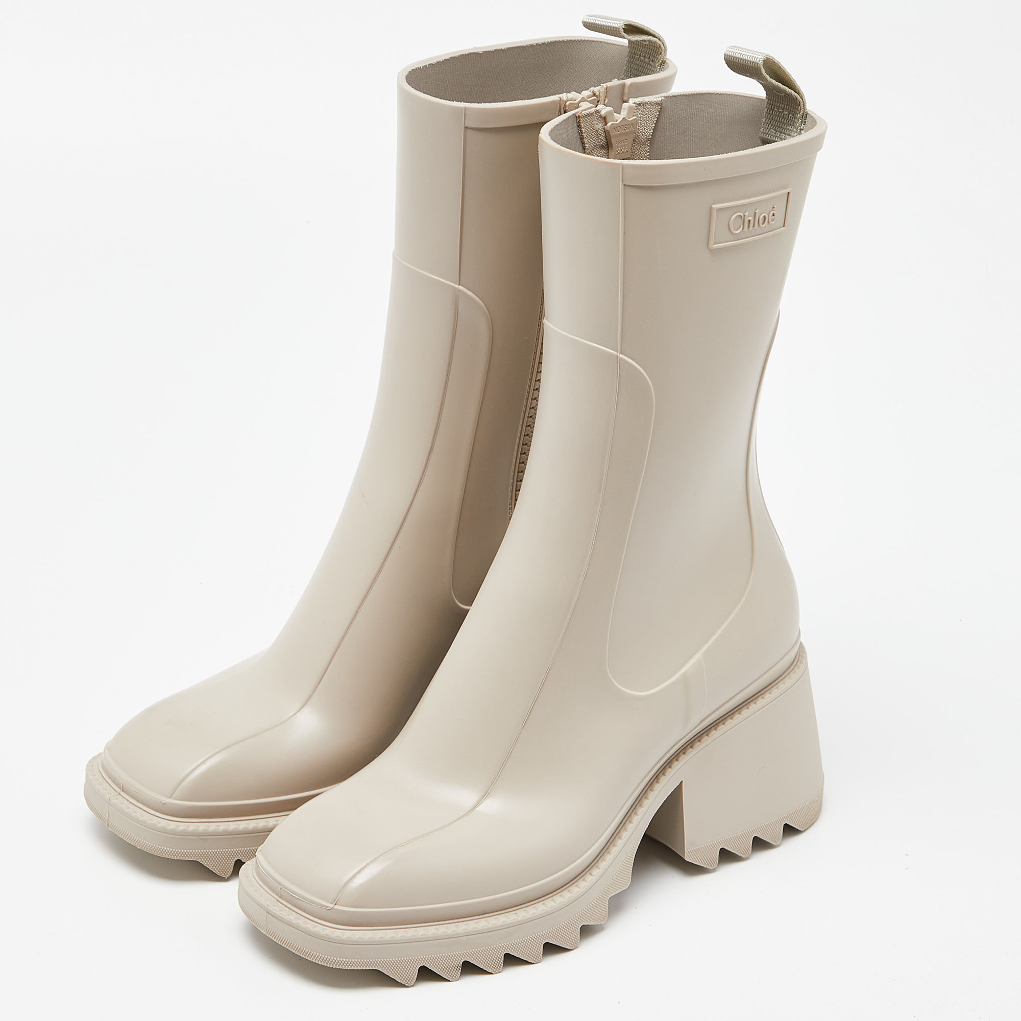 

Chloe Cream Rubber Betty Mid Calf Rain Boots Size