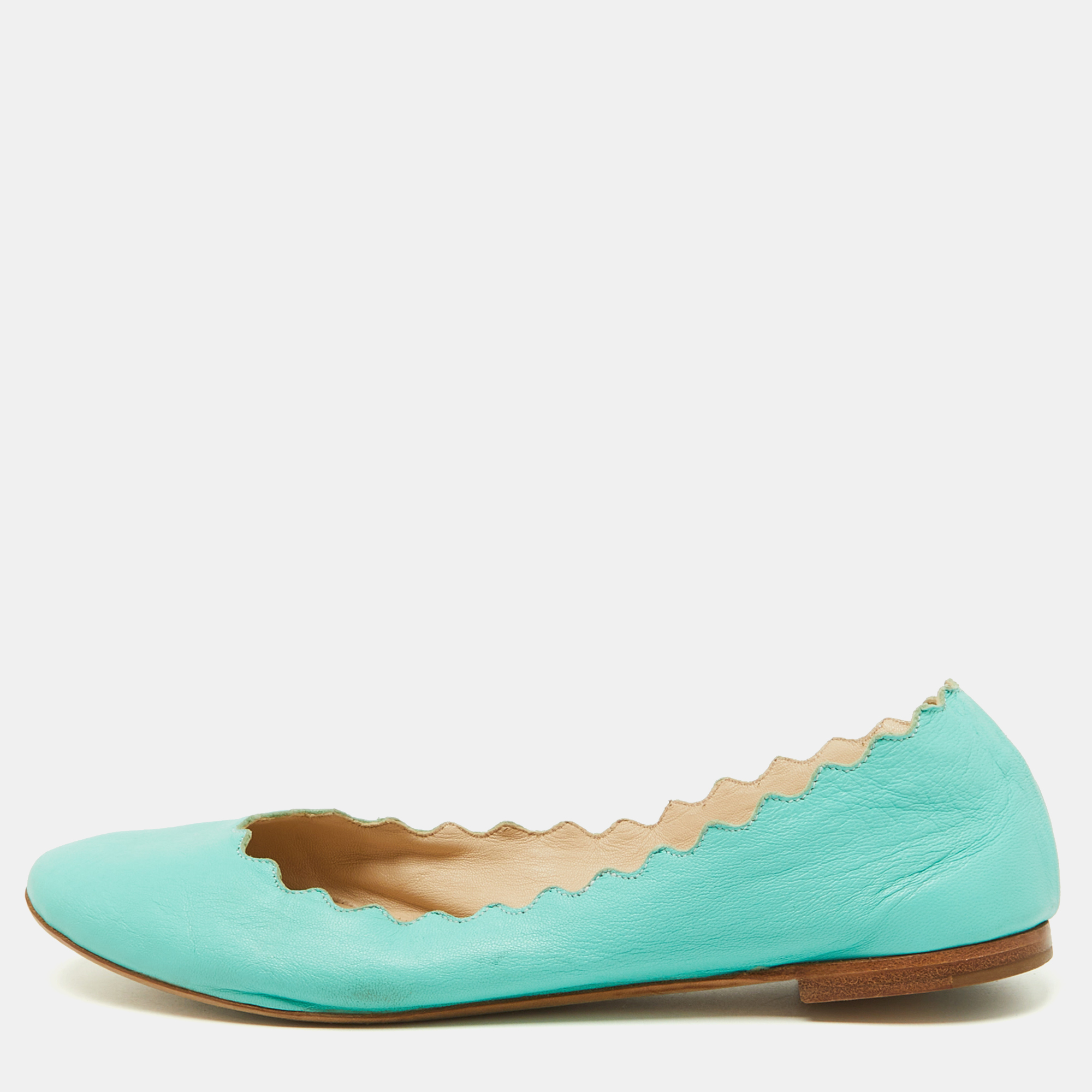 Pre-owned Chloé Green Scalloped Leather Lauren Ballet Flats Size 37