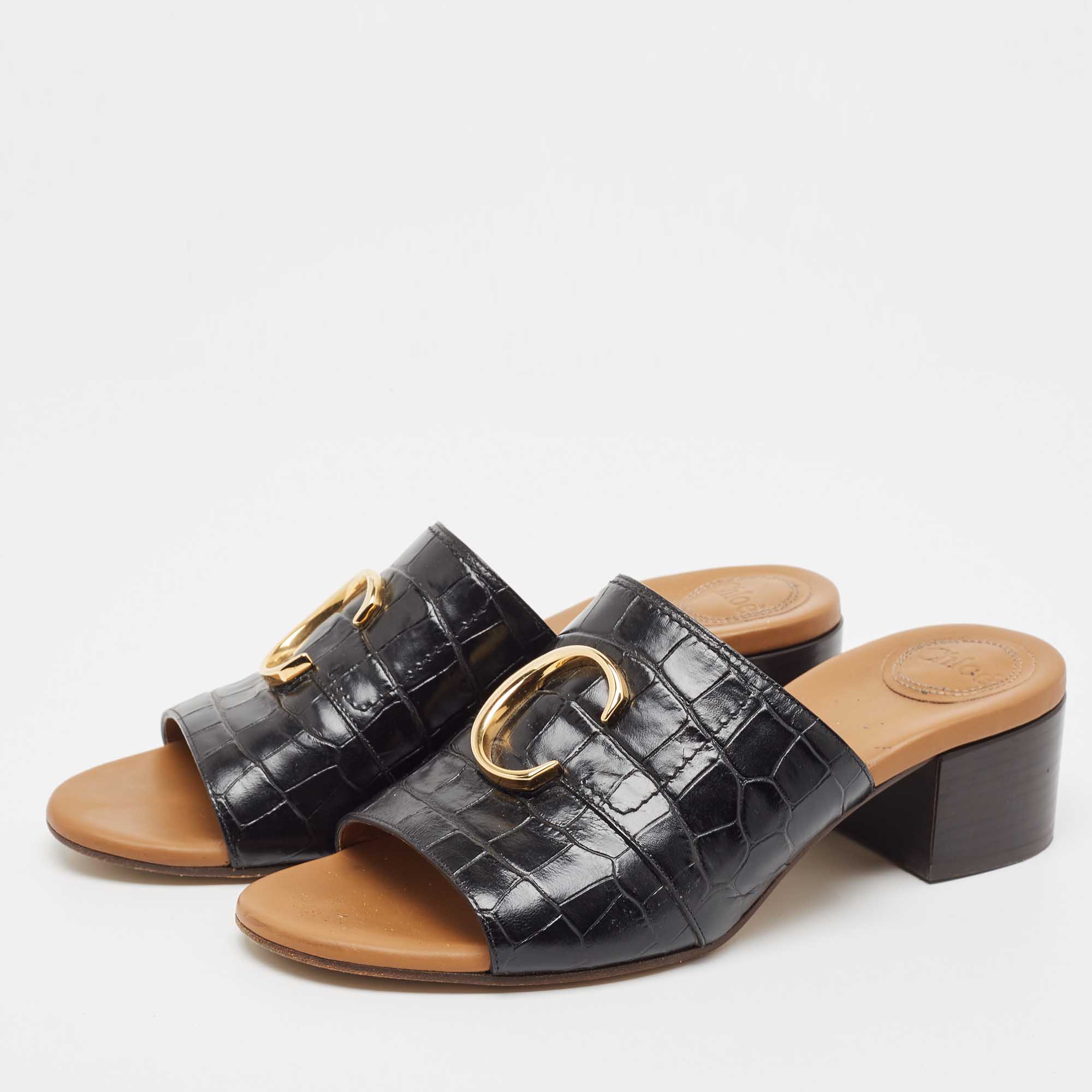 

Chloe Black Croc Embossed Leather C Logo Slide Sandals Size