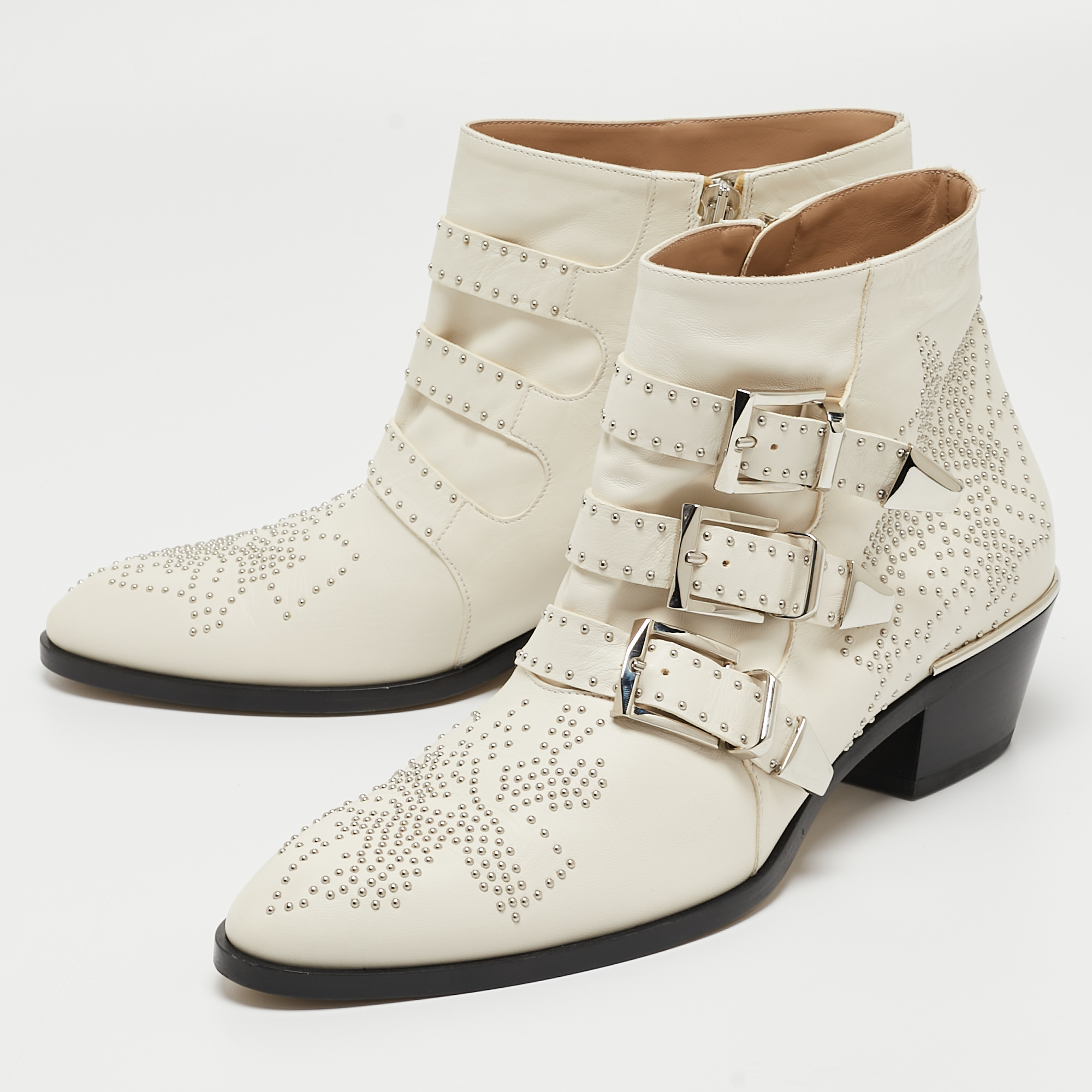 

Chloe Cream Leather Buckle Ankle Boots Size