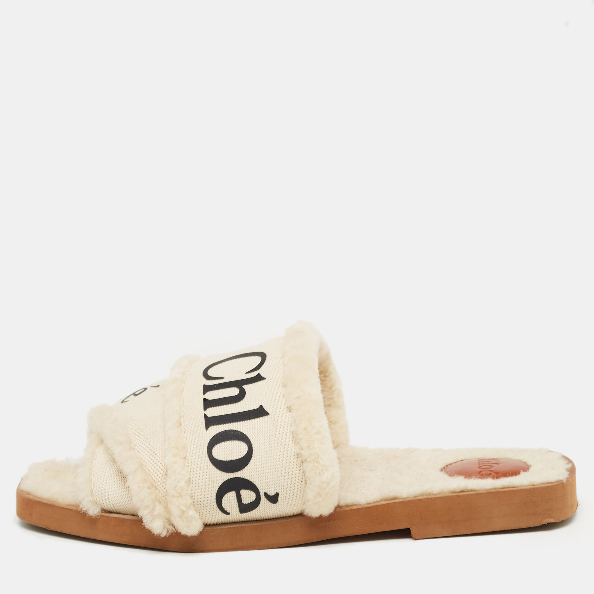 

Chloe White Canvas and Fur Shearling Woody Slide Flats Size