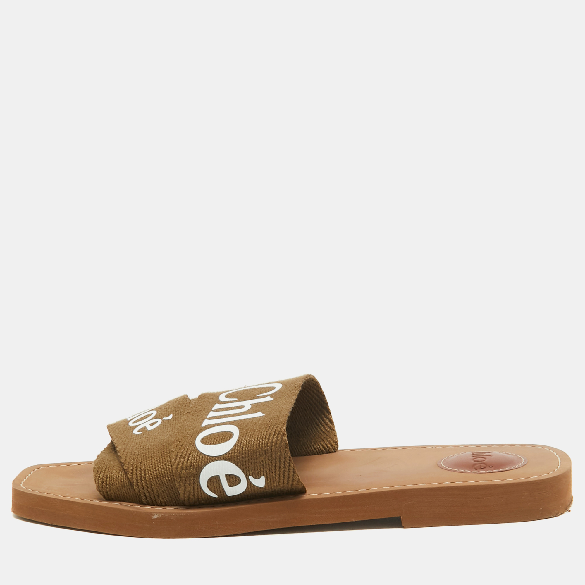 Chloe Green Canvas Woody Flat Slides Size 39