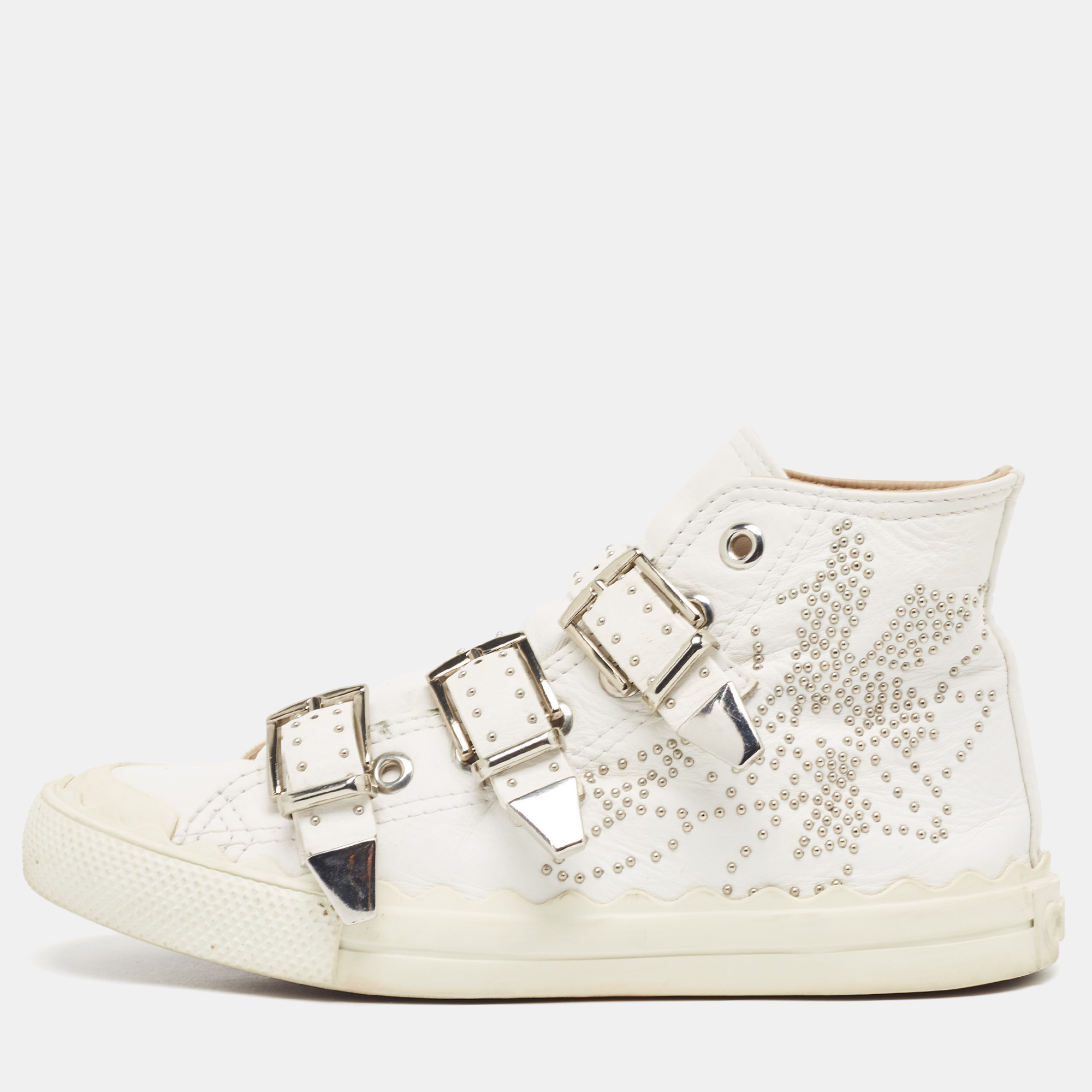 

Chloe White Leather Studded Buckle High Top Sneakers Size