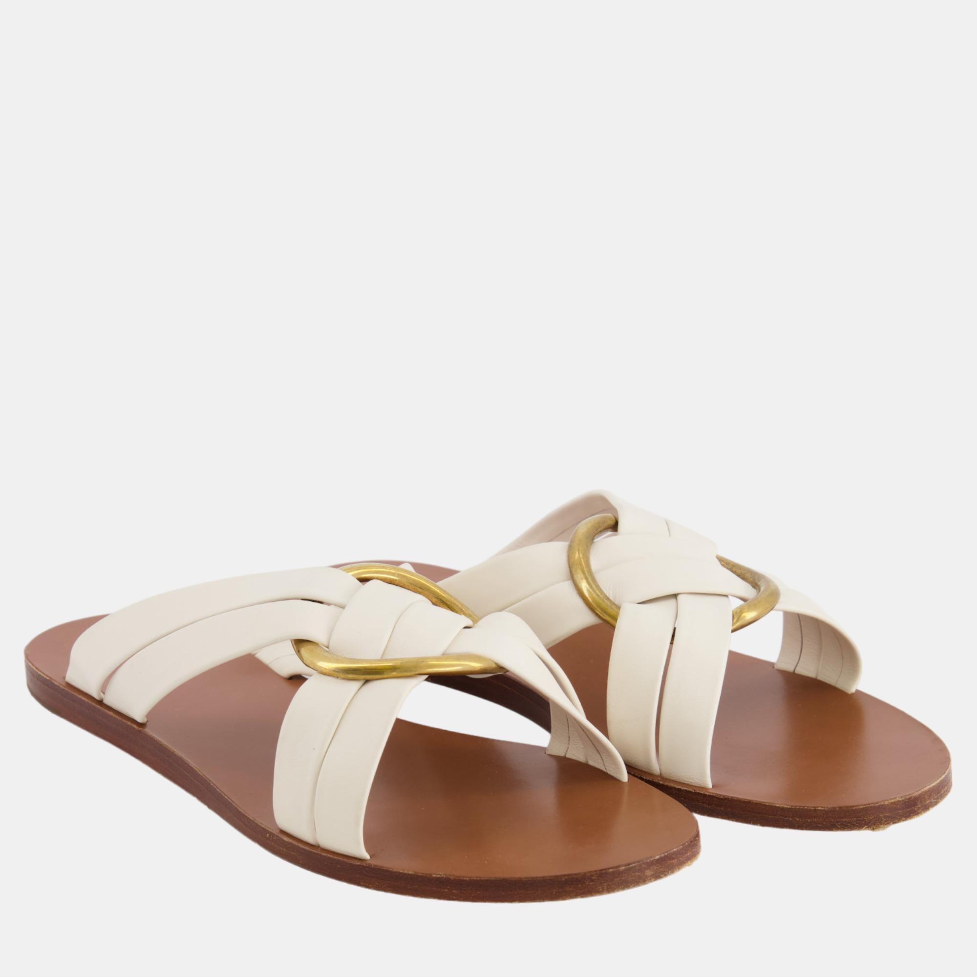 

Chloe White Leather Sandal with Gold Buckle Detail Size EU