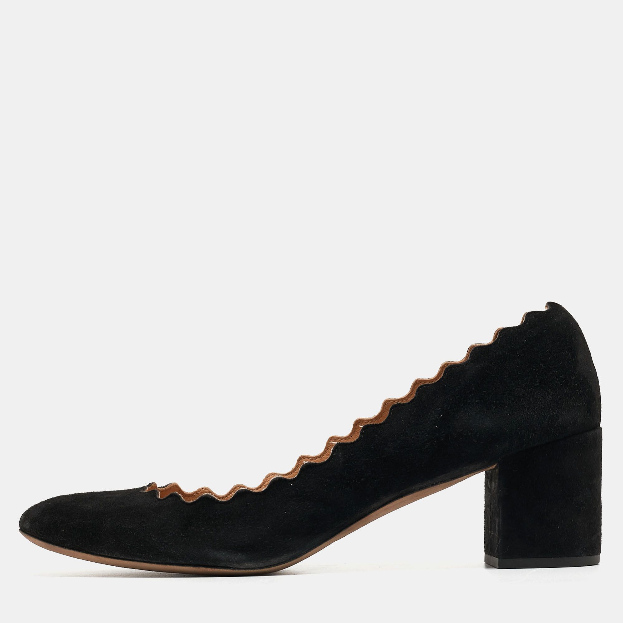 

Chloe Black Suede Laurena Scalloped Block Heel Pumps Size