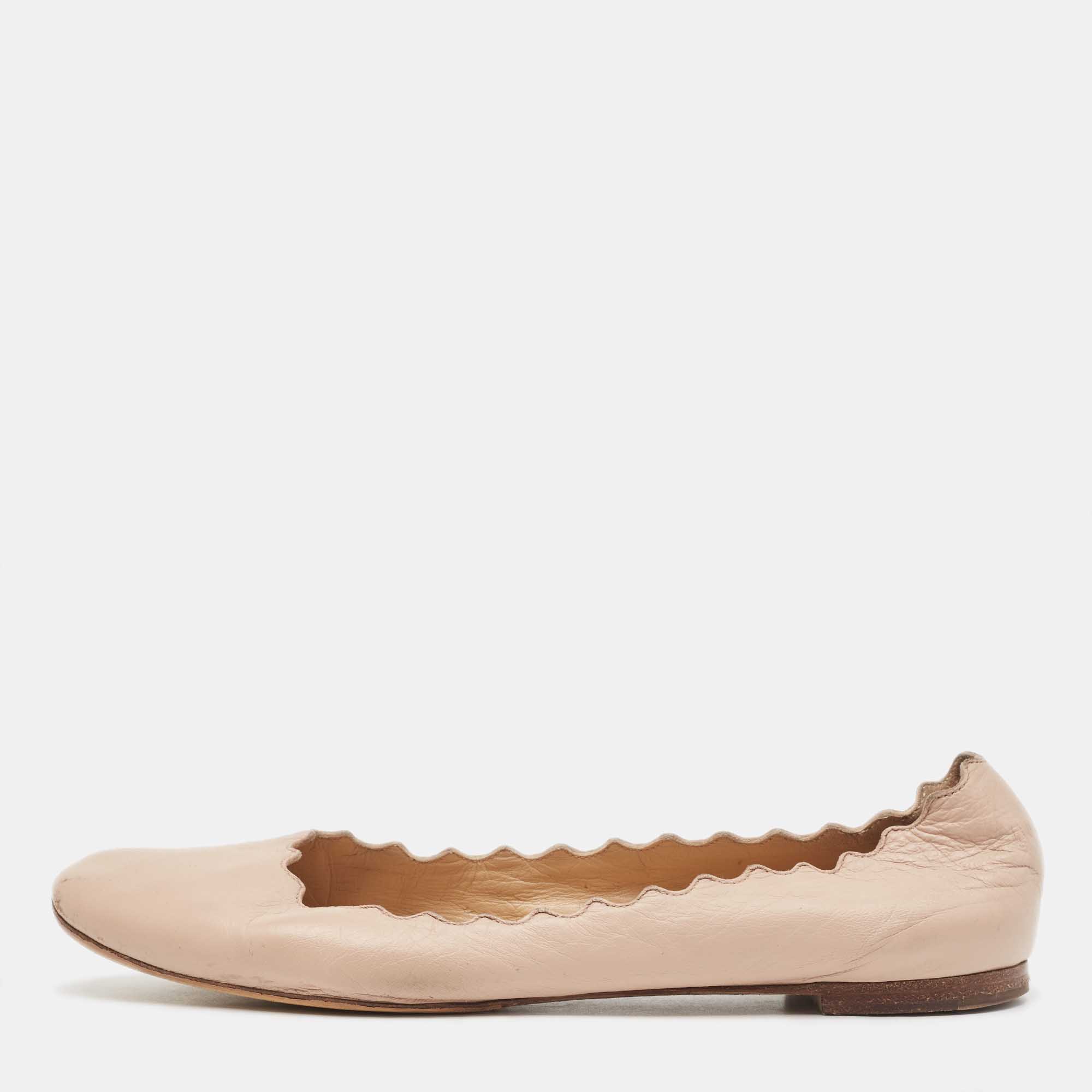 Pre-owned Chloé Beige Leather Laurena Scalloped Ballet Flats Size 38.5