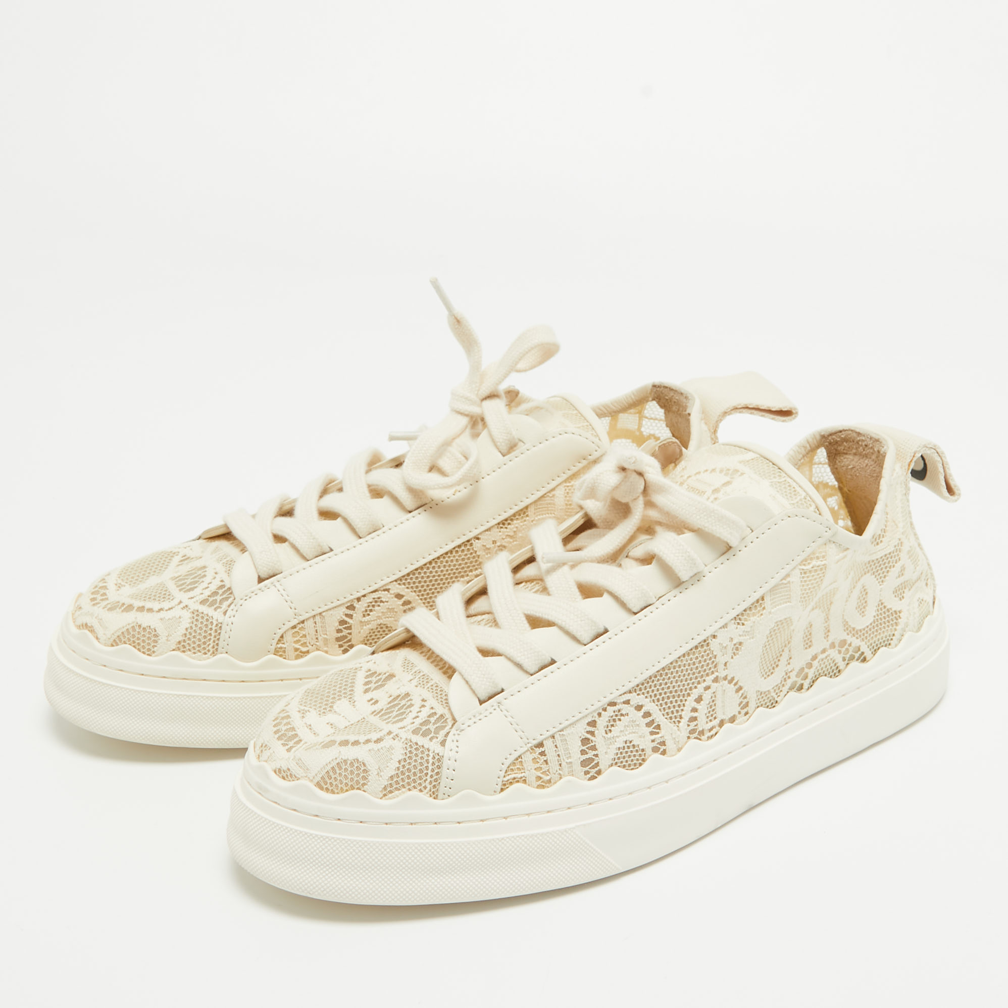 

Chloe Cream Leather and Mesh Lauren Lace Up Sneakers Size